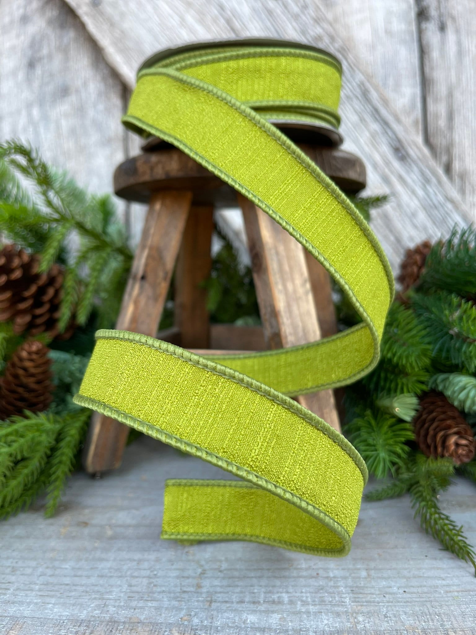 1" Olive Ribbon, Farrisilk Shabby Silk, 1 inch ribbon