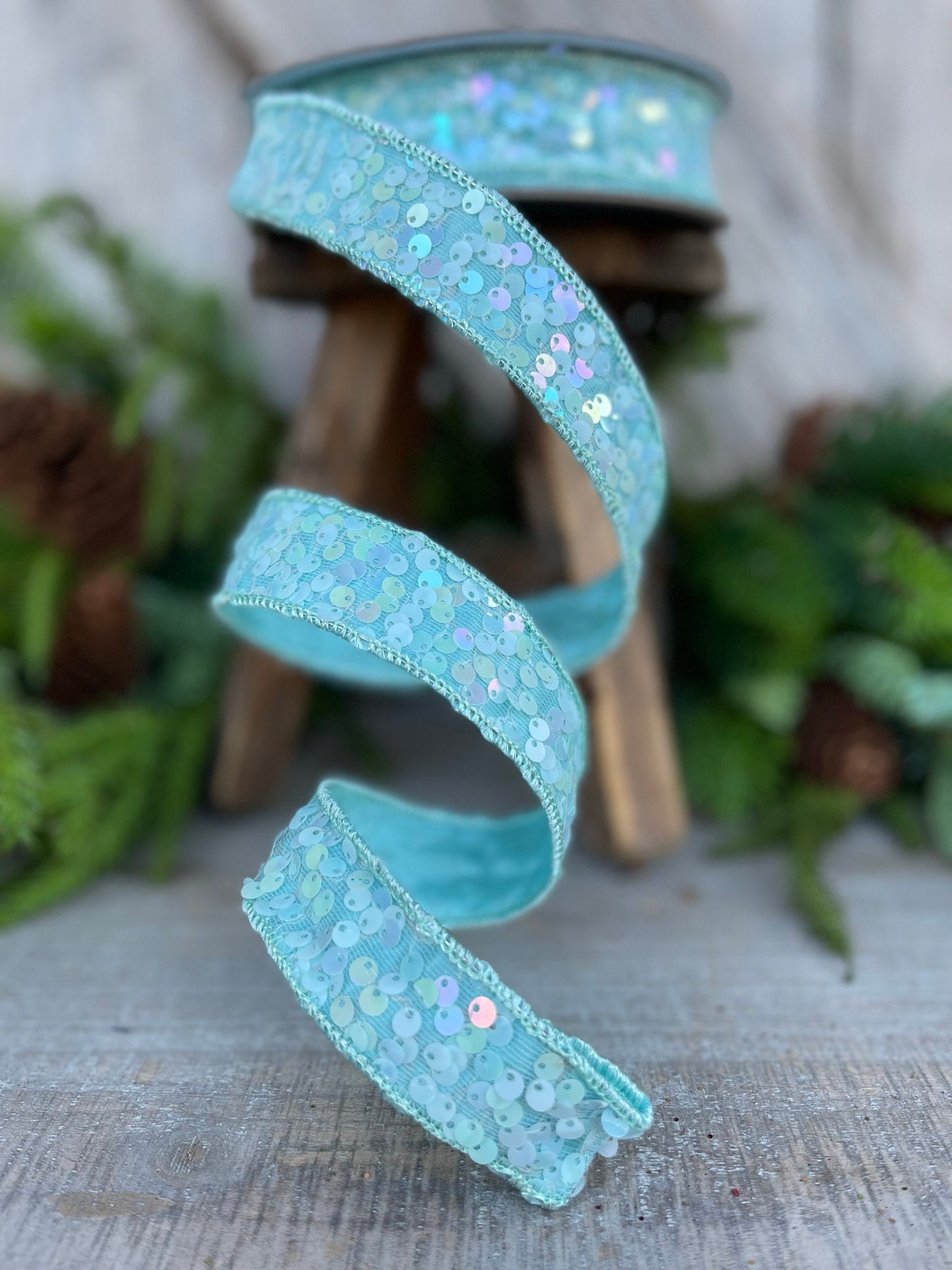 1" Light Blue Sequin Ribbon, Wired Ribbon, Flashy Sequin Ribbon