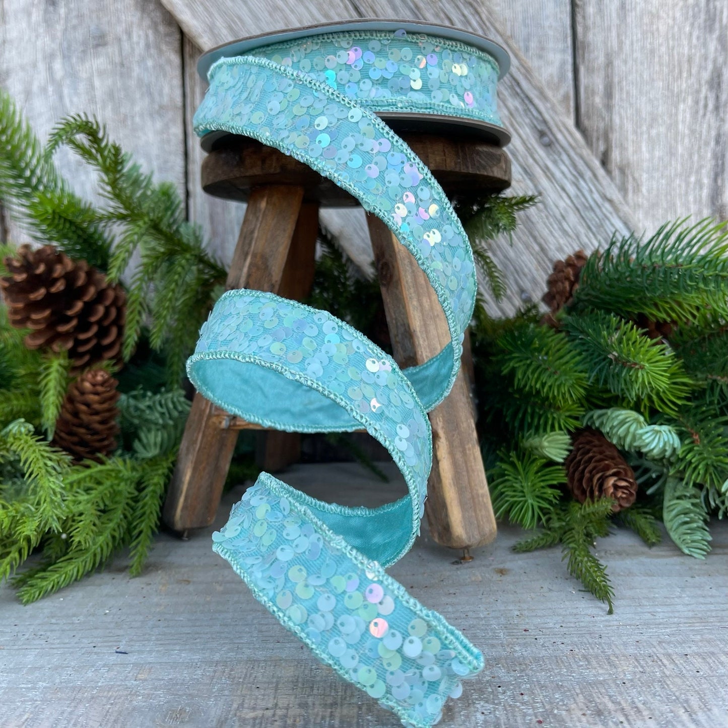 1" Light Blue Sequin Ribbon, Wired Ribbon, Flashy Sequin Ribbon