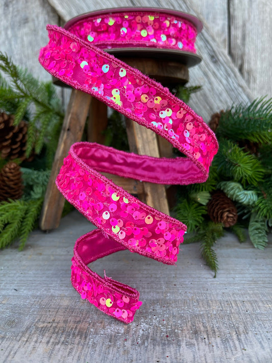 1" Hot Pink Sequin Ribbon, Wired Ribbon