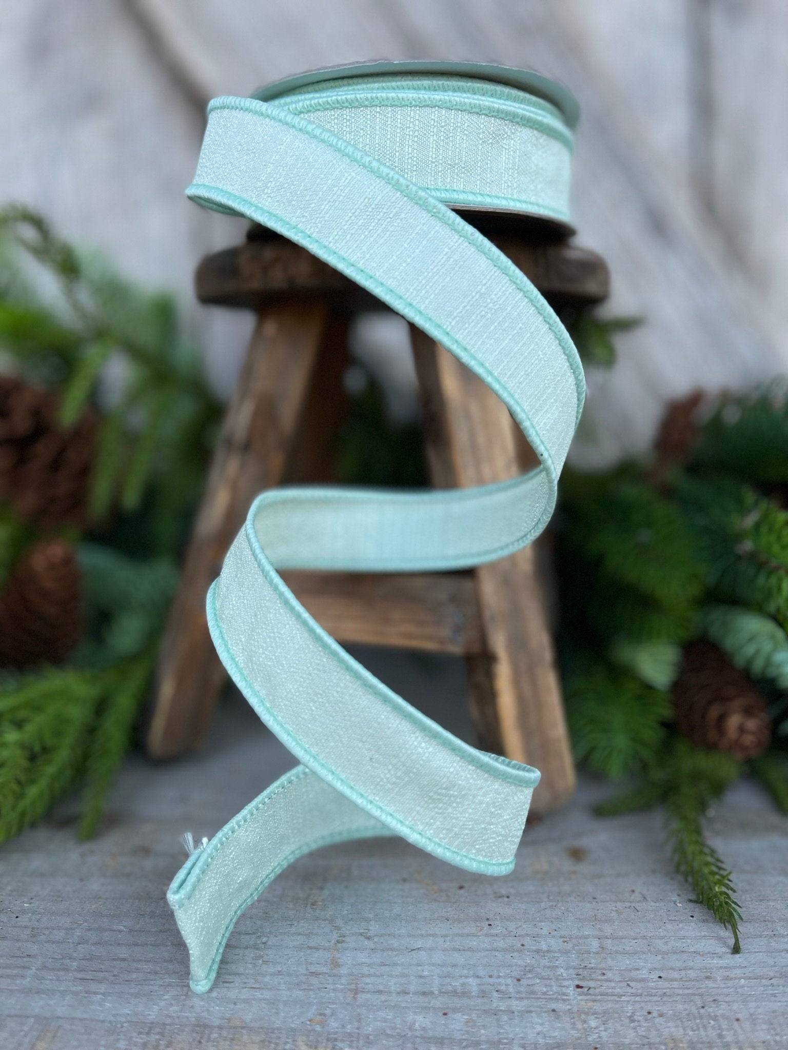 1" Sage Green Ribbon, Farrisilk Shabby Silk, 1 inch ribbon