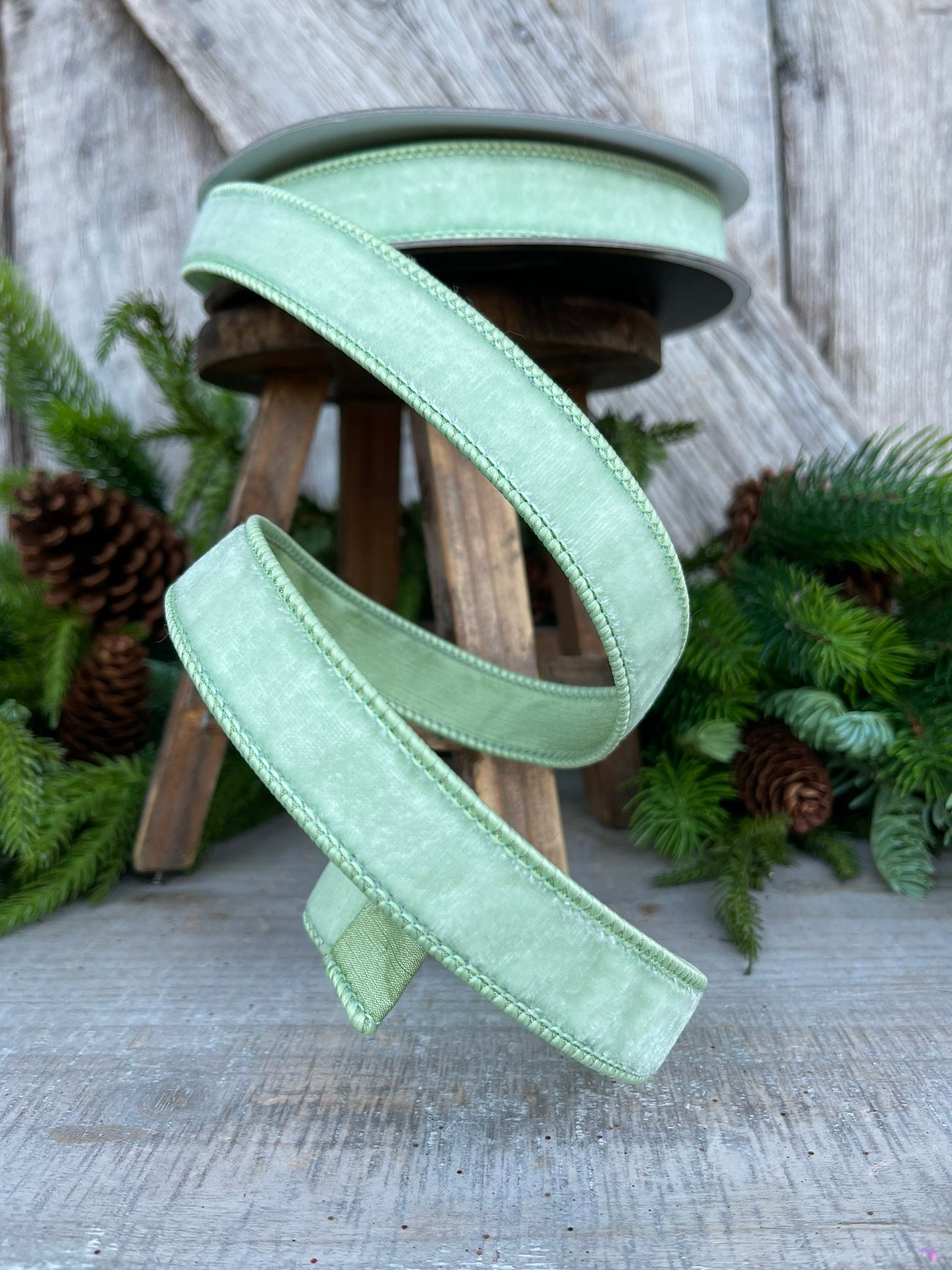 1" Mint Green Velvet Ribbon, Farrisilk Shabby Silk, 1 inch ribbon