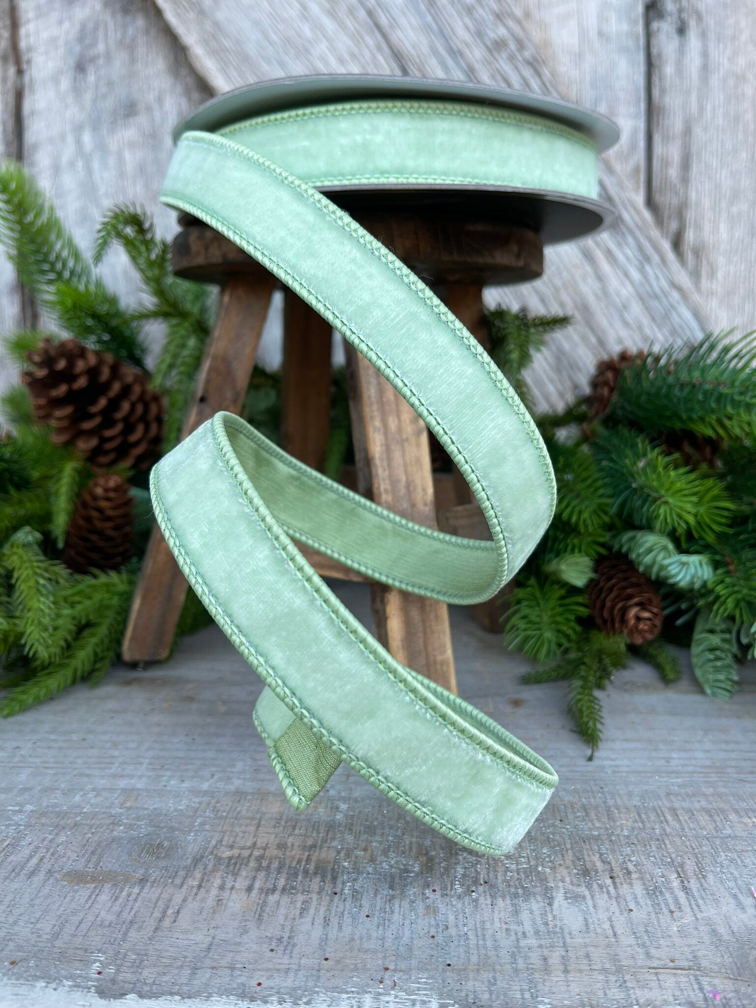 1" Mint Green Velvet Ribbon, Farrisilk Shabby Silk, 1 inch ribbon