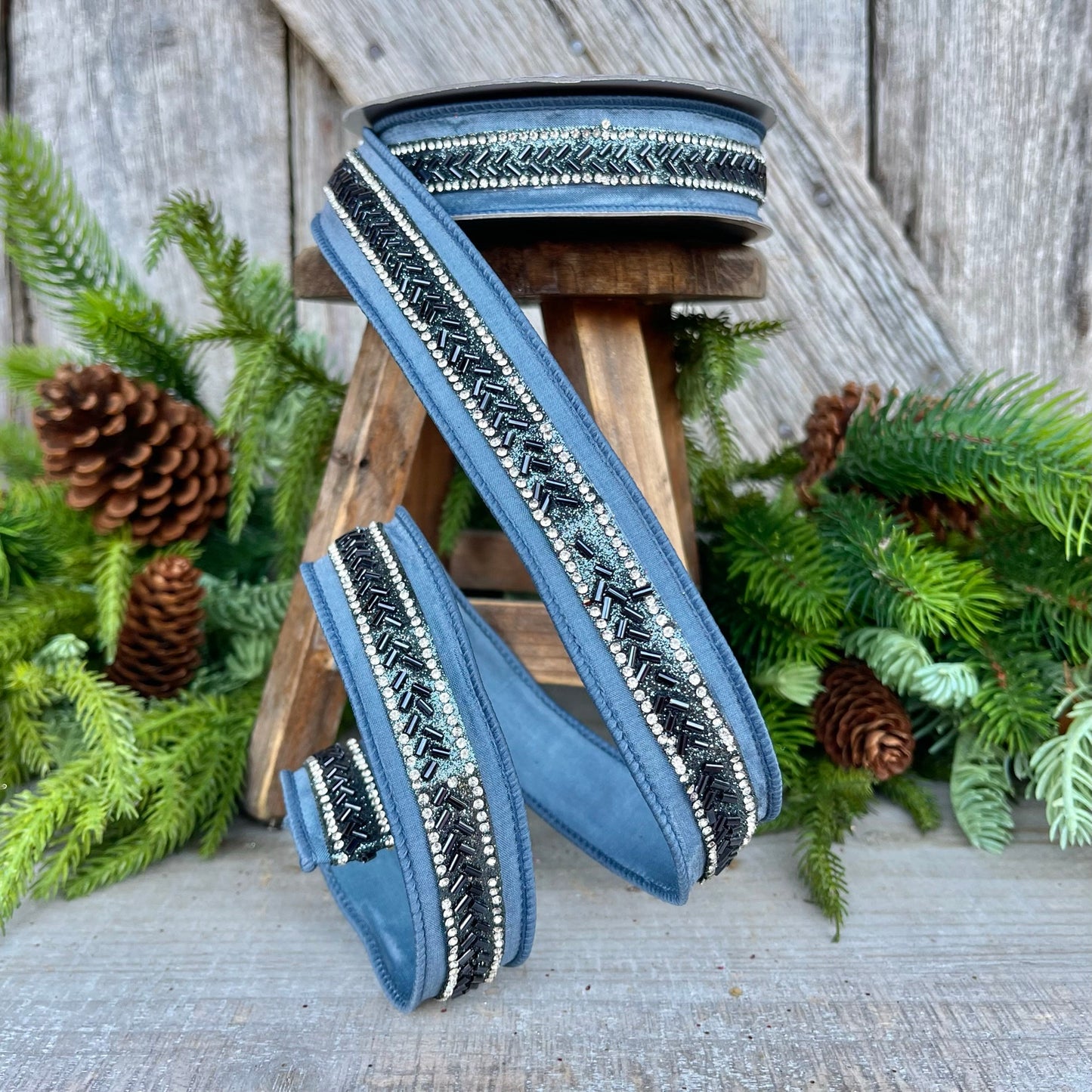 1" Blue Beaded RIbbon, Farrisilk Ribbon