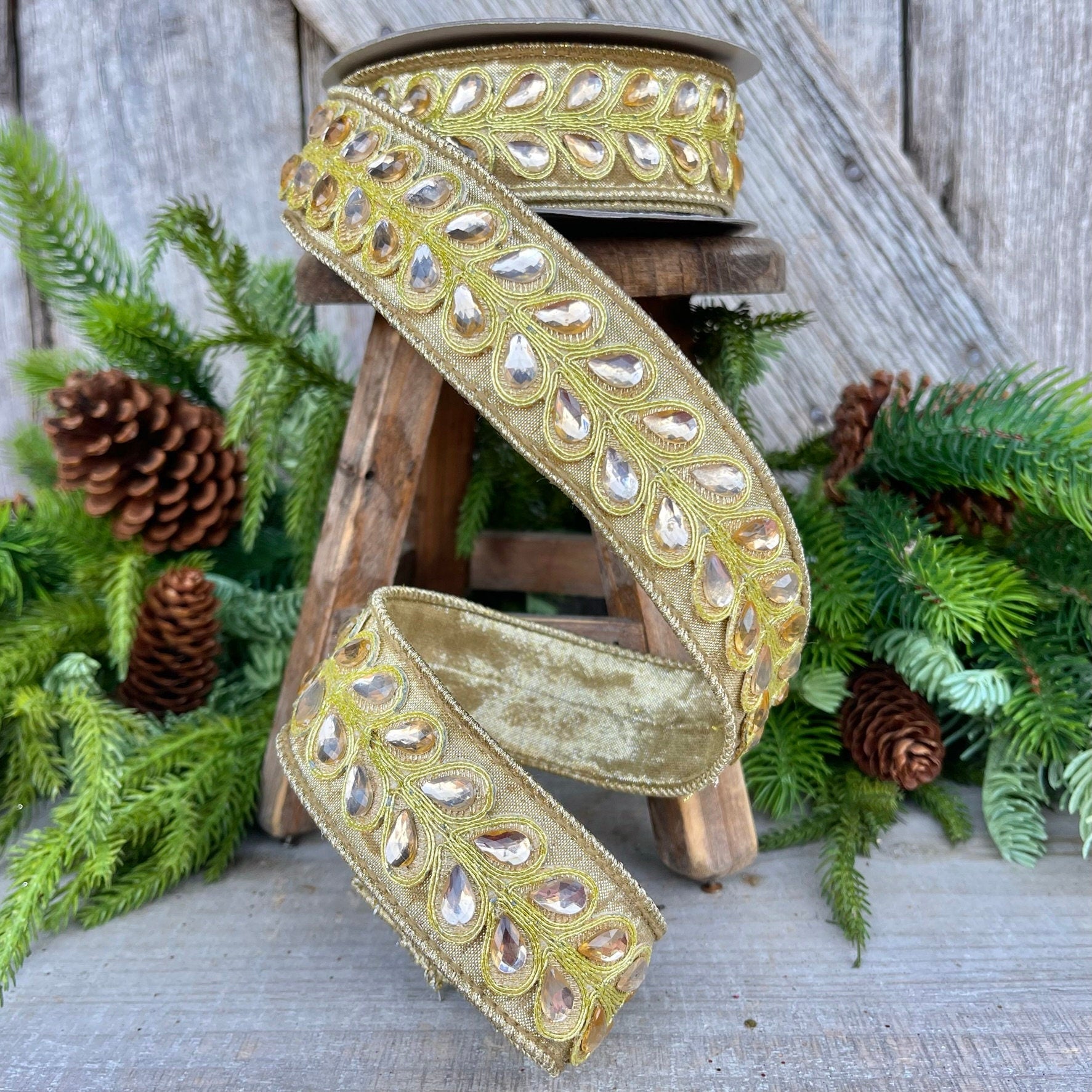 1.5" Gold Jeweled Ribbon, Farrisilk Ribbon