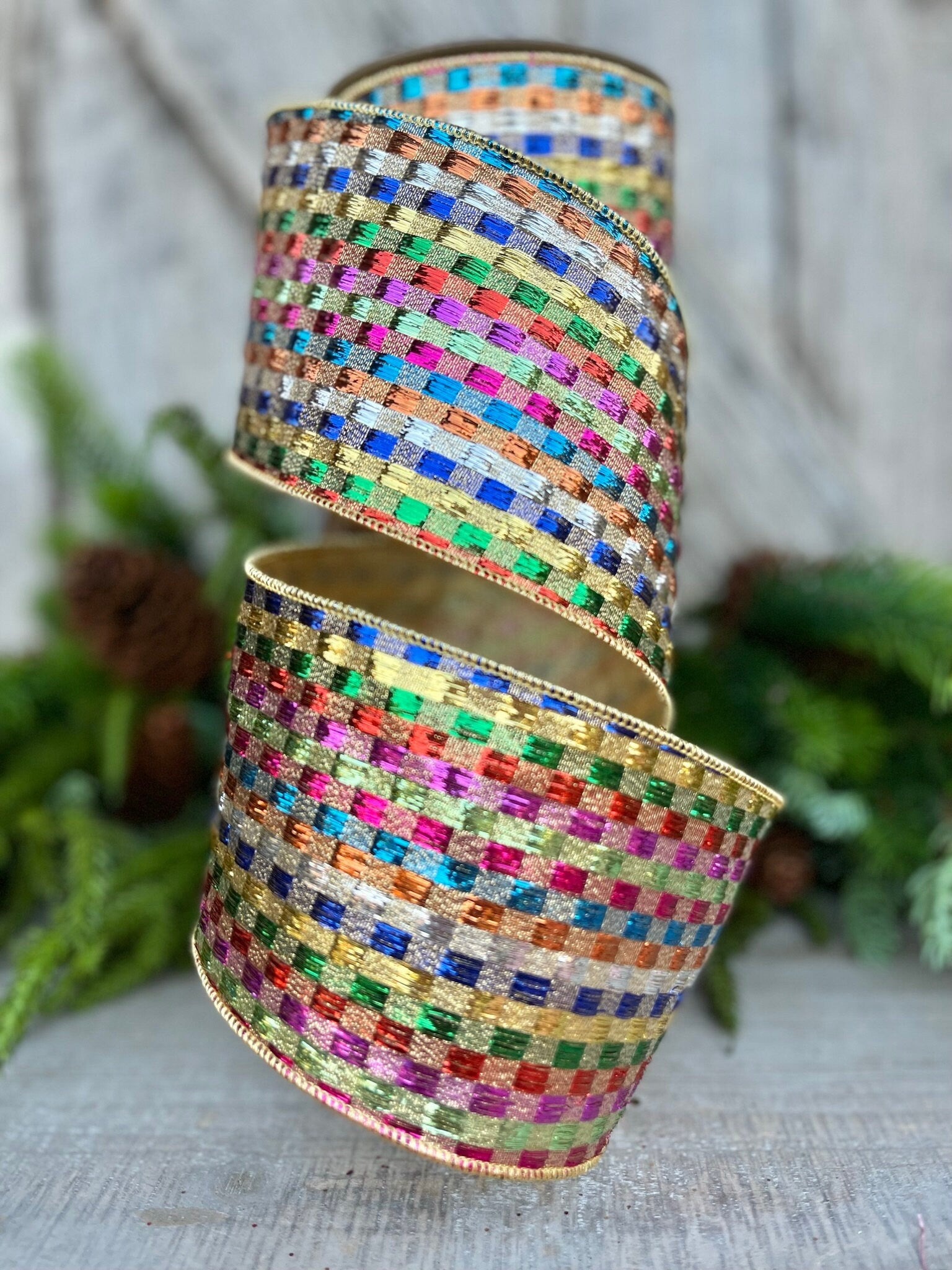 4" Tinsel Checks Ribbon, Farrisilk Ribbon