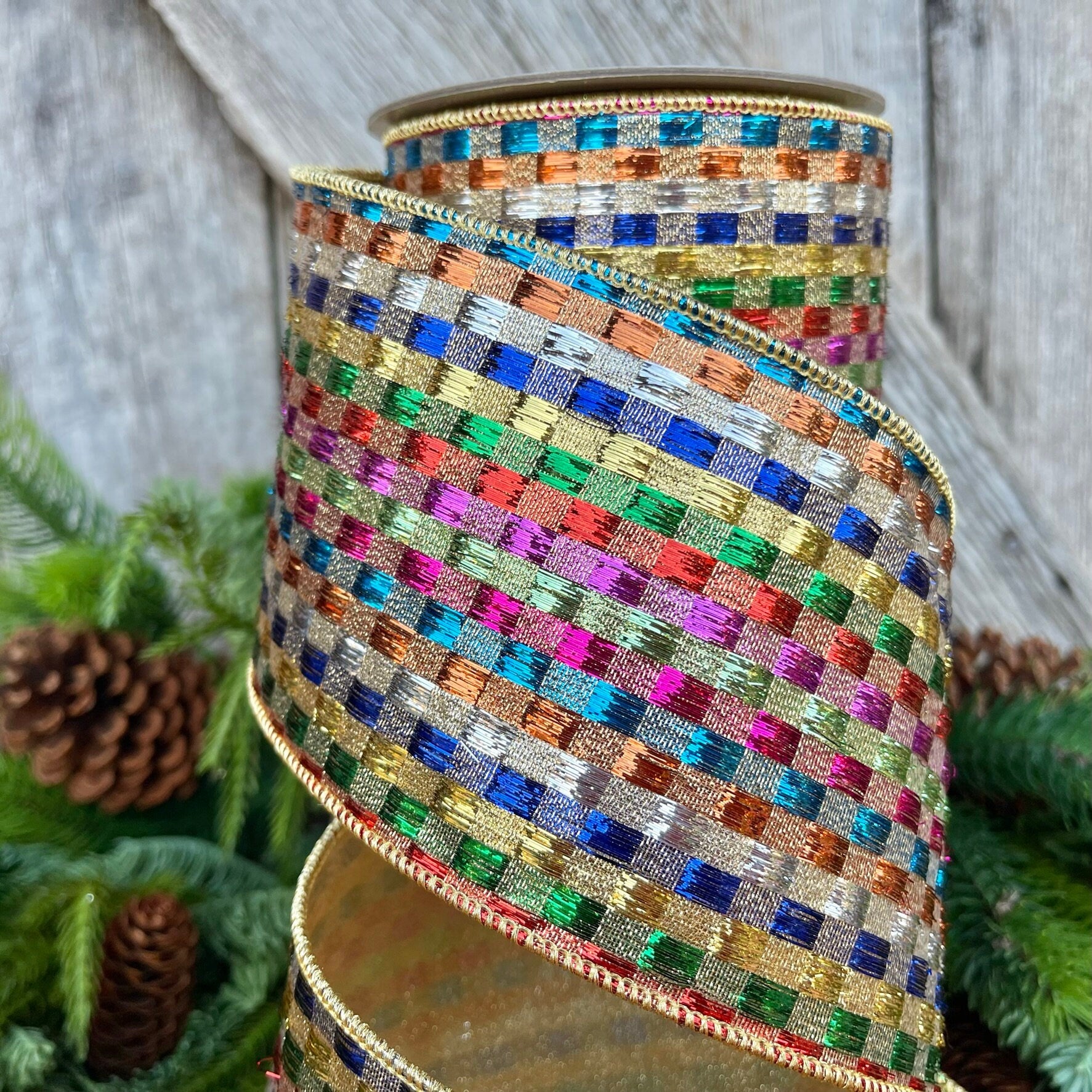 4" Tinsel Checks Ribbon, Farrisilk Ribbon