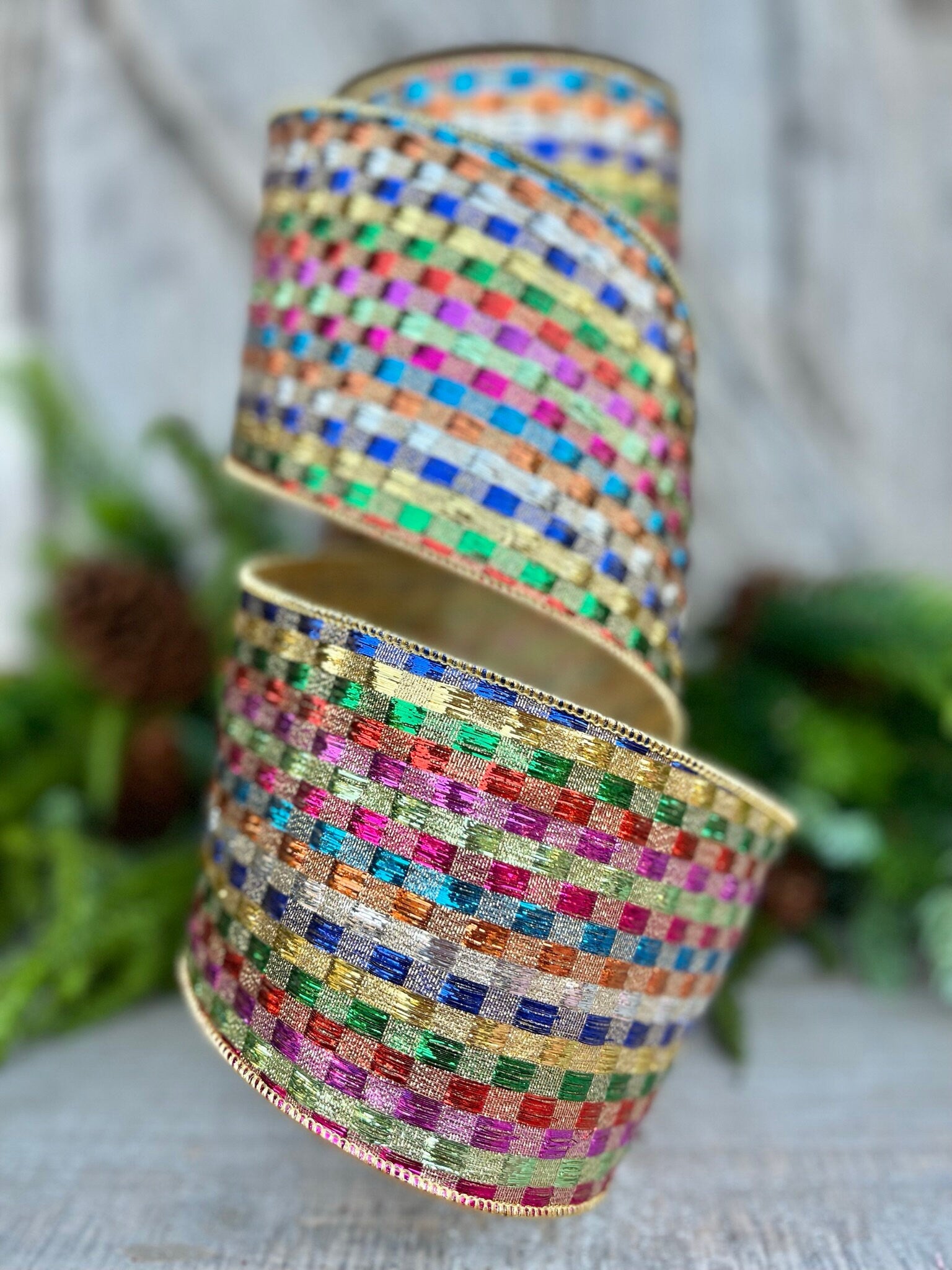 4" Tinsel Checks Ribbon, Farrisilk Ribbon