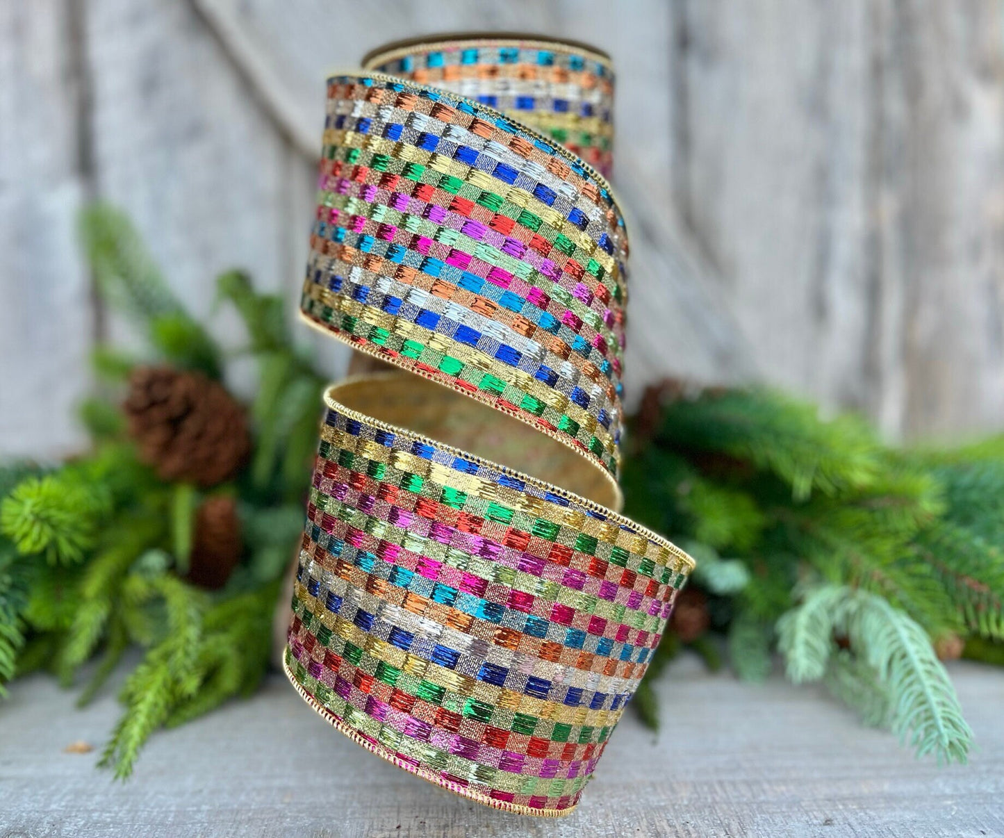 4" Tinsel Checks Ribbon, Farrisilk Ribbon