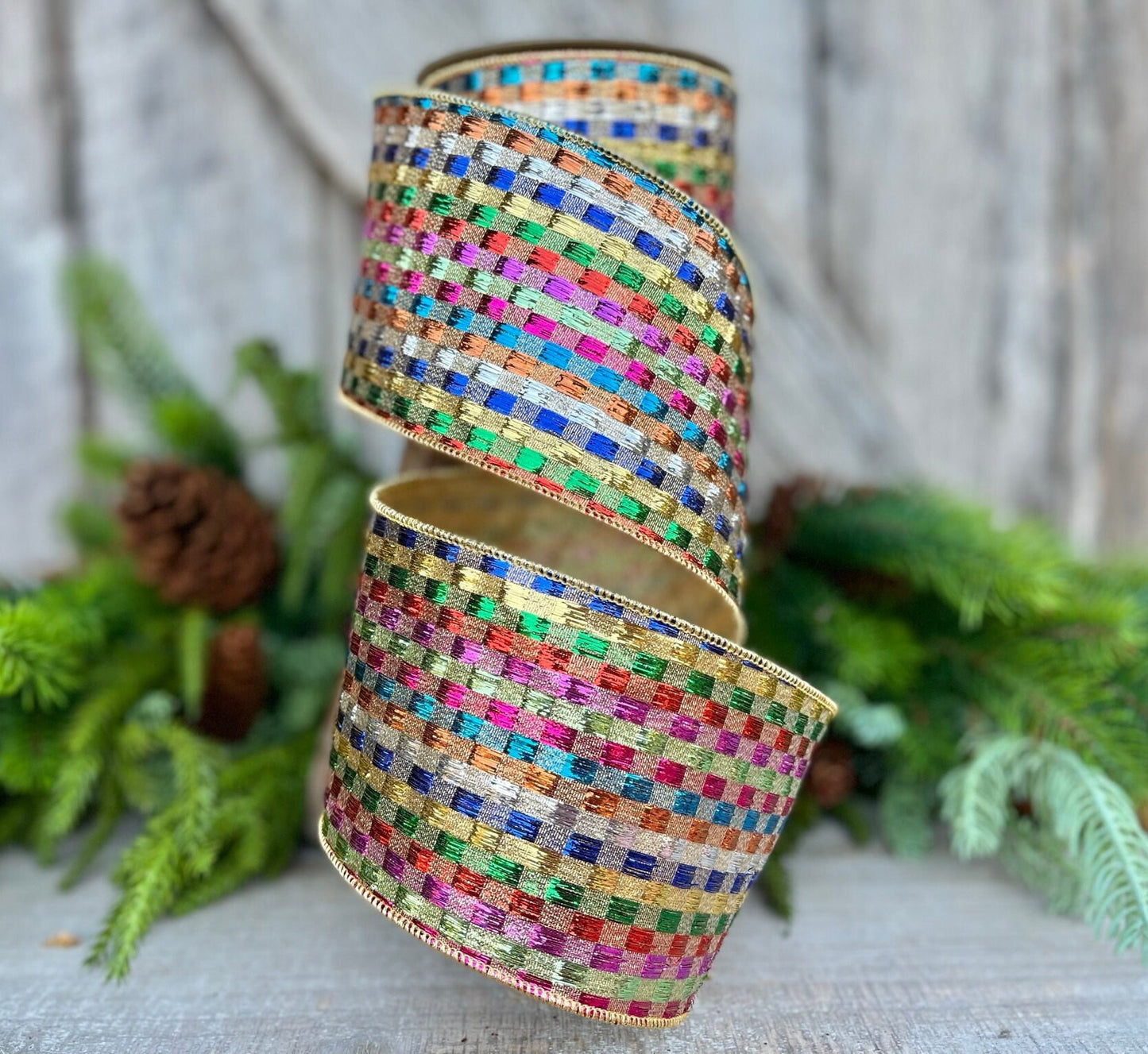 4" Tinsel Checks Ribbon, Farrisilk Ribbon