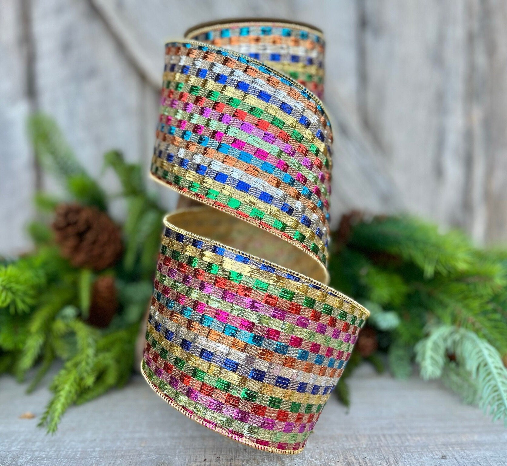 4" Tinsel Checks Ribbon, Farrisilk Ribbon