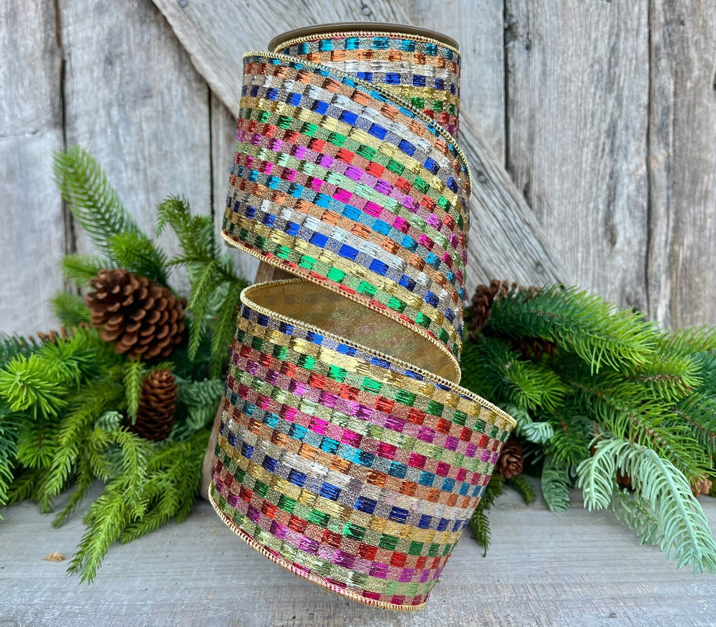 4" Tinsel Checks Ribbon, Farrisilk Ribbon