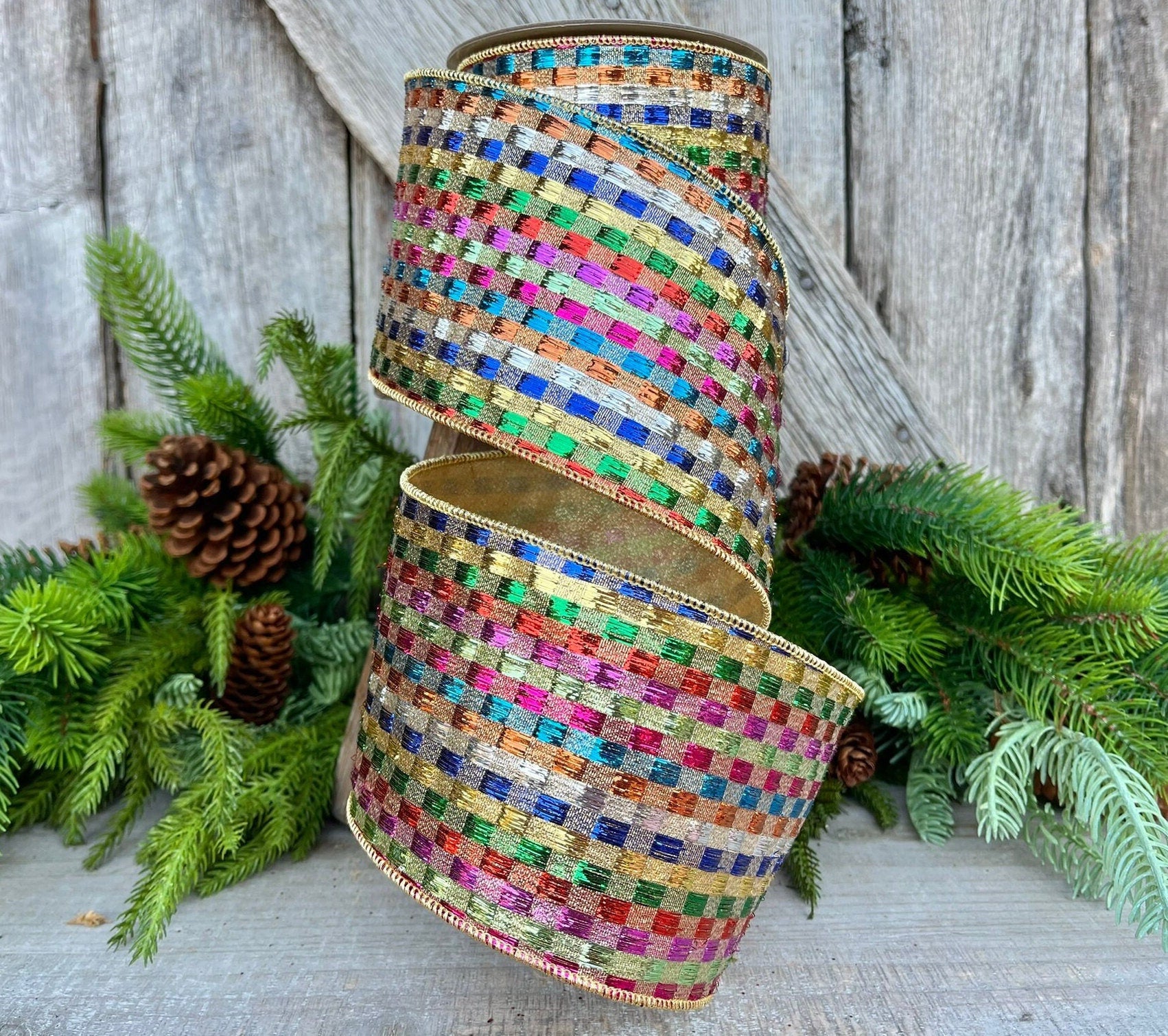 4" Tinsel Checks Ribbon, Farrisilk Ribbon