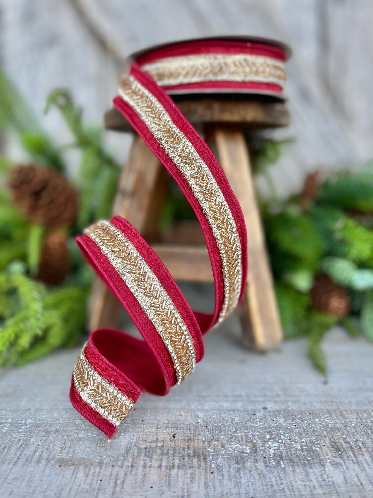 1" Burgundy Beaded RIbbon, Farrisilk Ribbon, Burgundy Wired RIbbon