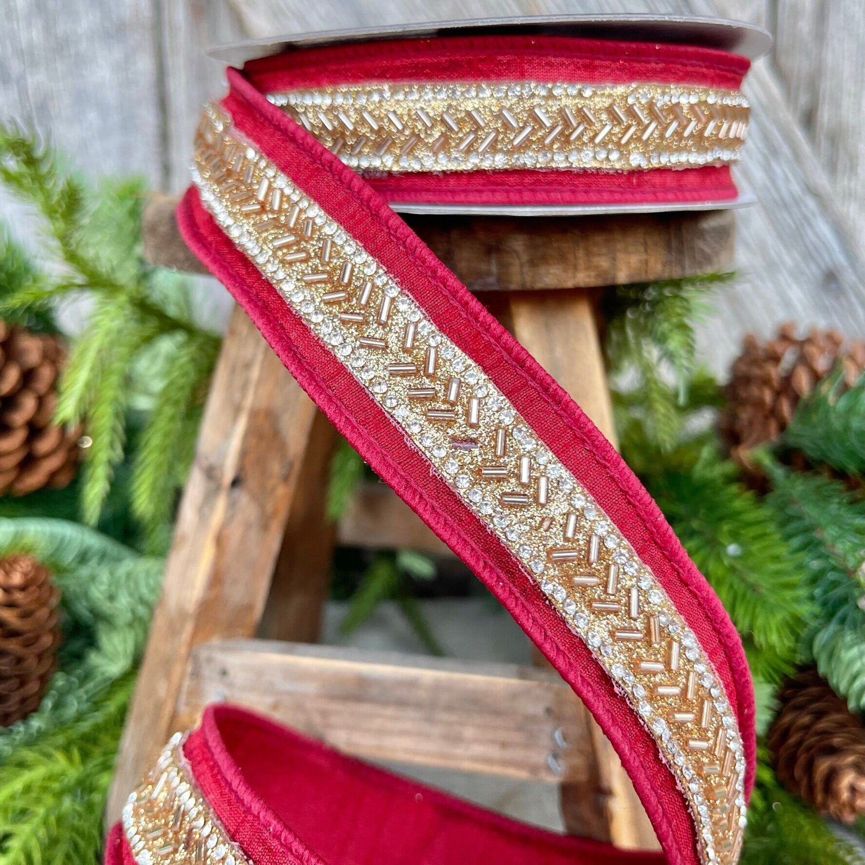 1" Burgundy Beaded RIbbon, Farrisilk Ribbon, Burgundy Wired RIbbon