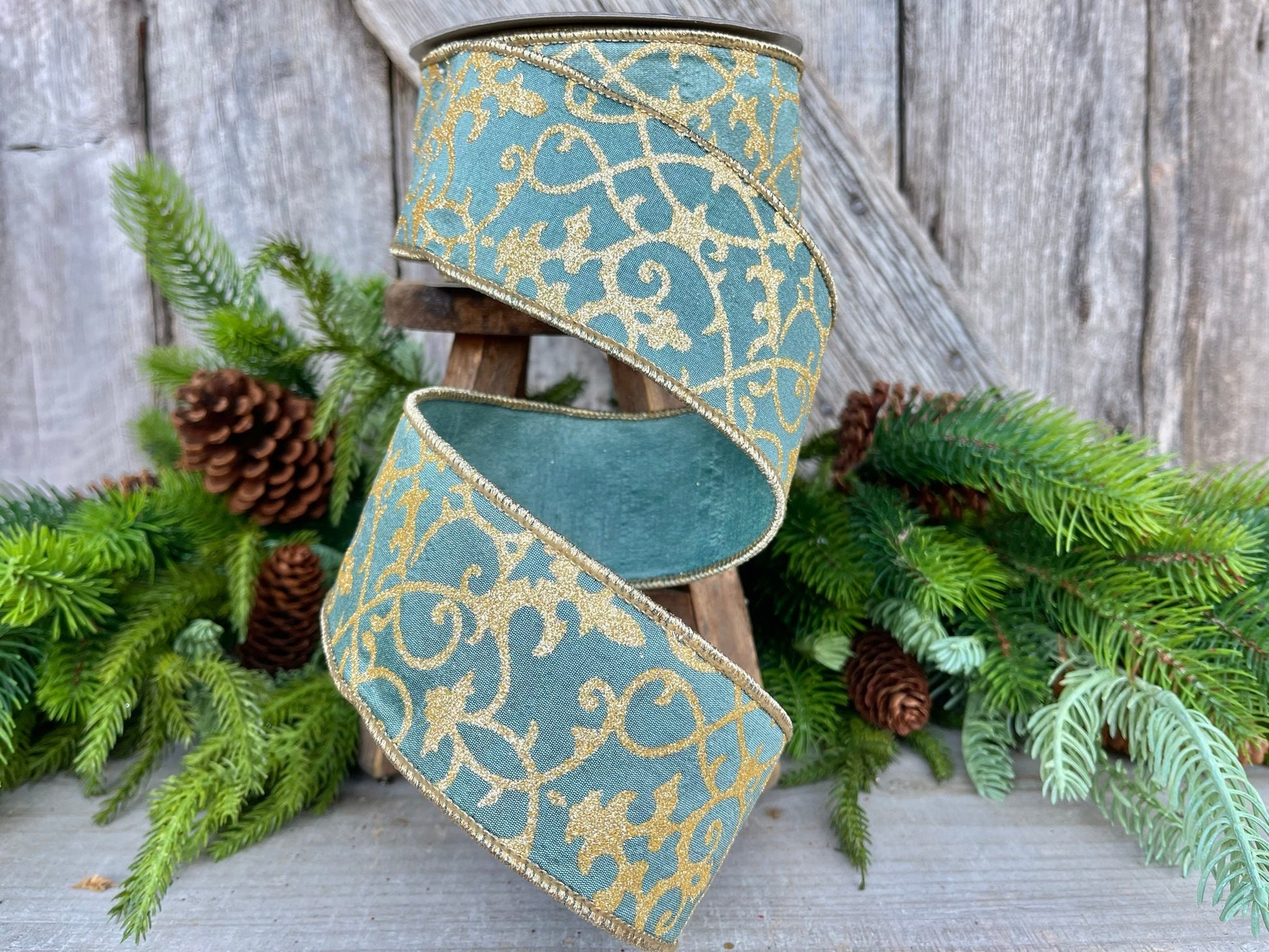 2.5" Celadon Teal CASSIA ACANTHUS, Farrisilk Ribbon, Teal and Gold Ribbon