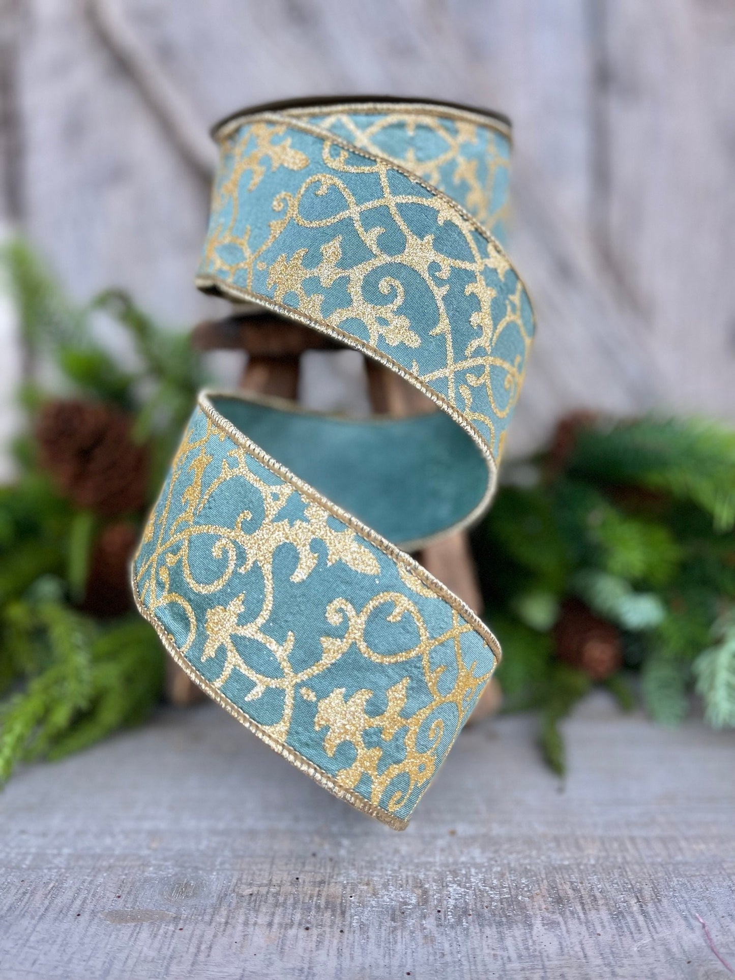 2.5" Celadon Teal CASSIA ACANTHUS, Farrisilk Ribbon, Teal and Gold Ribbon