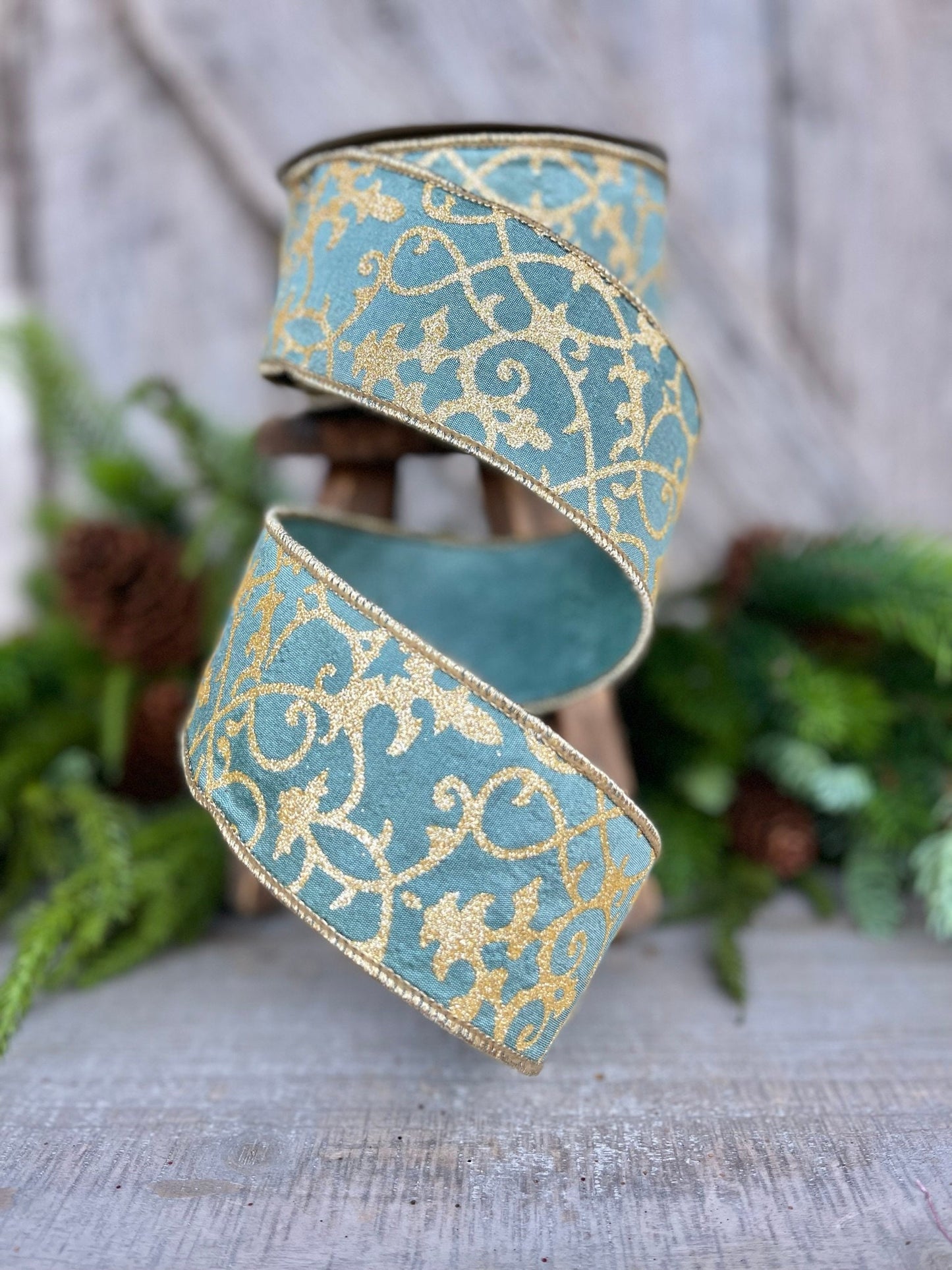 2.5" Celadon Teal CASSIA ACANTHUS, Farrisilk Ribbon, Teal and Gold Ribbon