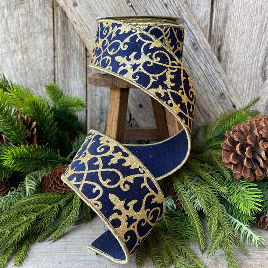 2.5" Navy Blue CASSIA ACANTHUS Ribbon, Farrisilk Ribbon, Navy Blue and Gold Ribbon