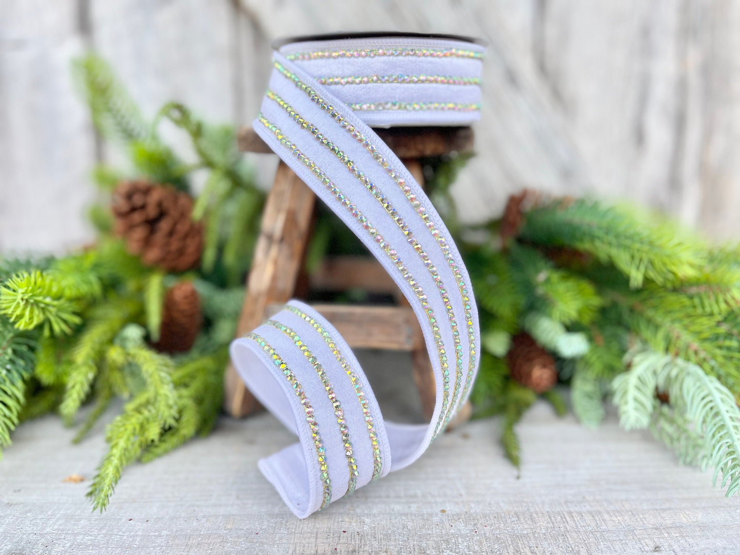 1.5" White Iridescent Jeweled Stripe Ribbon, Farrisilk Ribbon, Rhinestone Ribbon