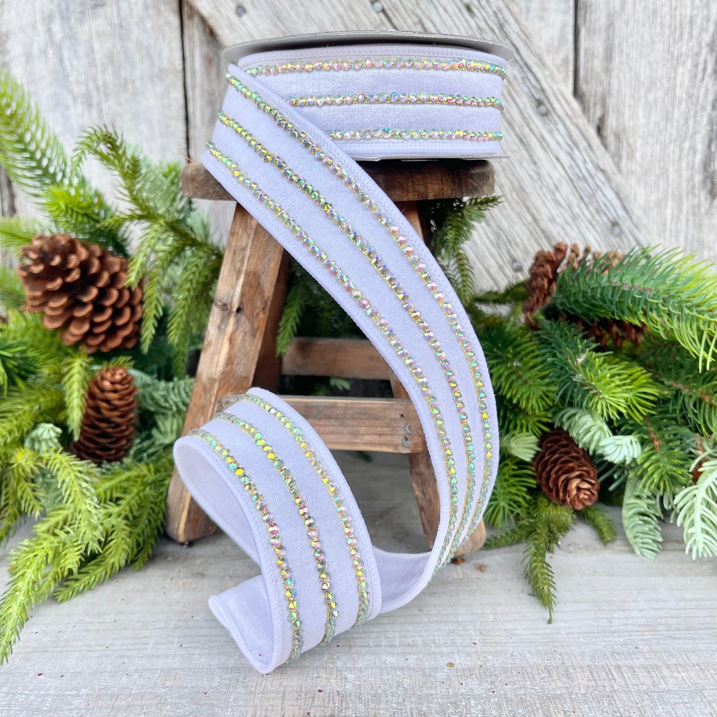 1.5" White Iridescent Jeweled Stripe Ribbon, Farrisilk Ribbon, Rhinestone Ribbon