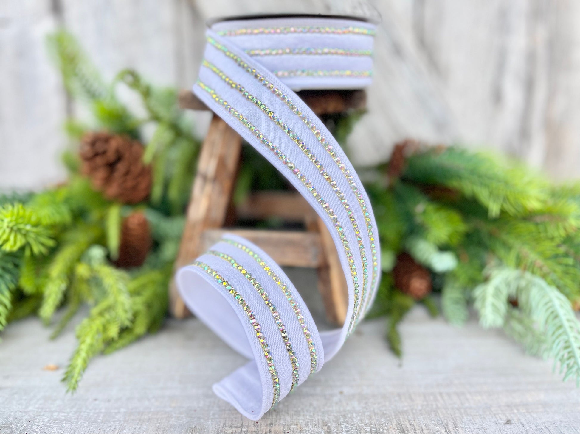 1.5" White Iridescent Jeweled Stripe Ribbon, Farrisilk Ribbon, Rhinestone Ribbon