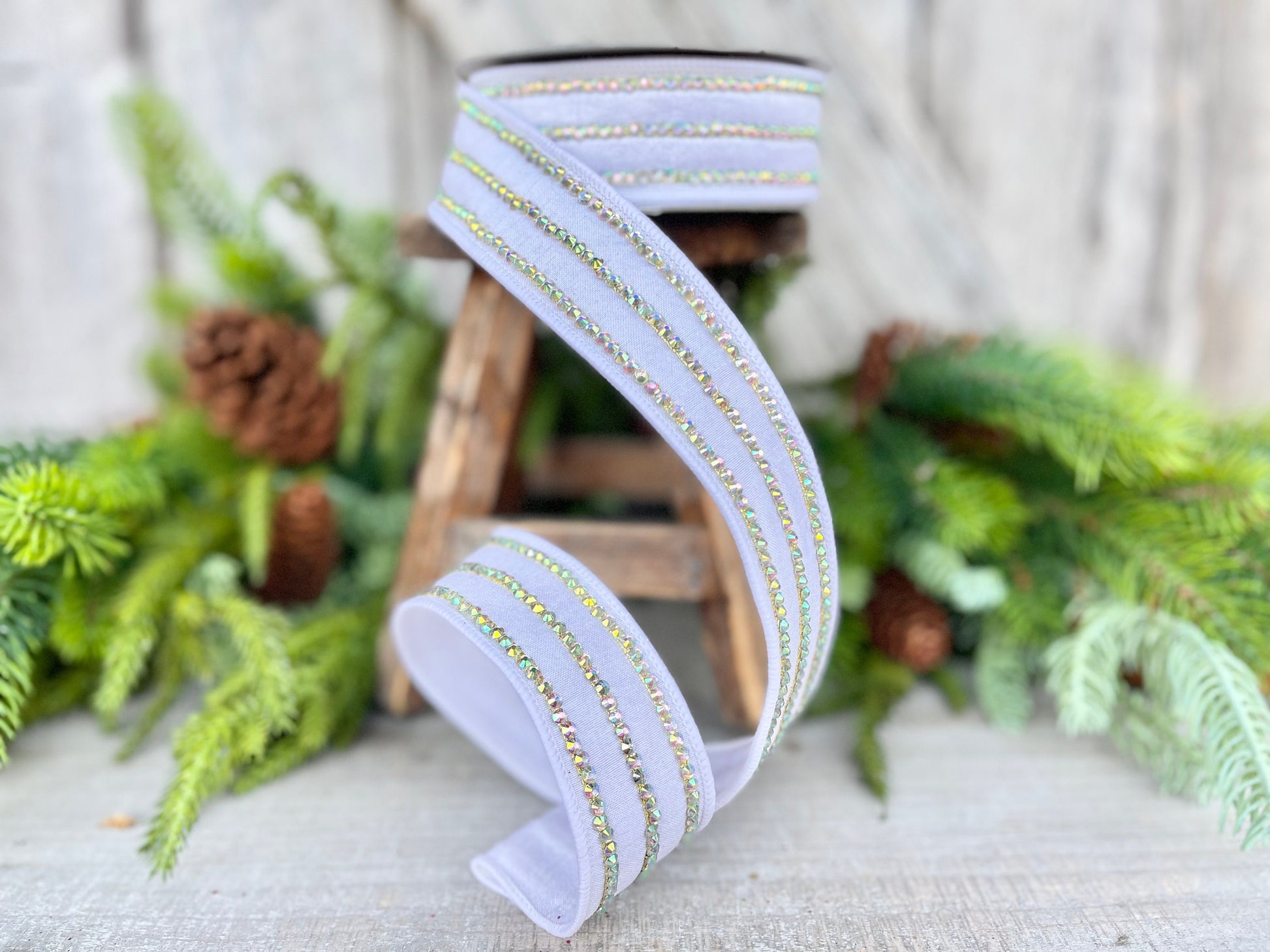 1.5" White Iridescent Jeweled Stripe Ribbon, Farrisilk Ribbon, Rhinestone Ribbon