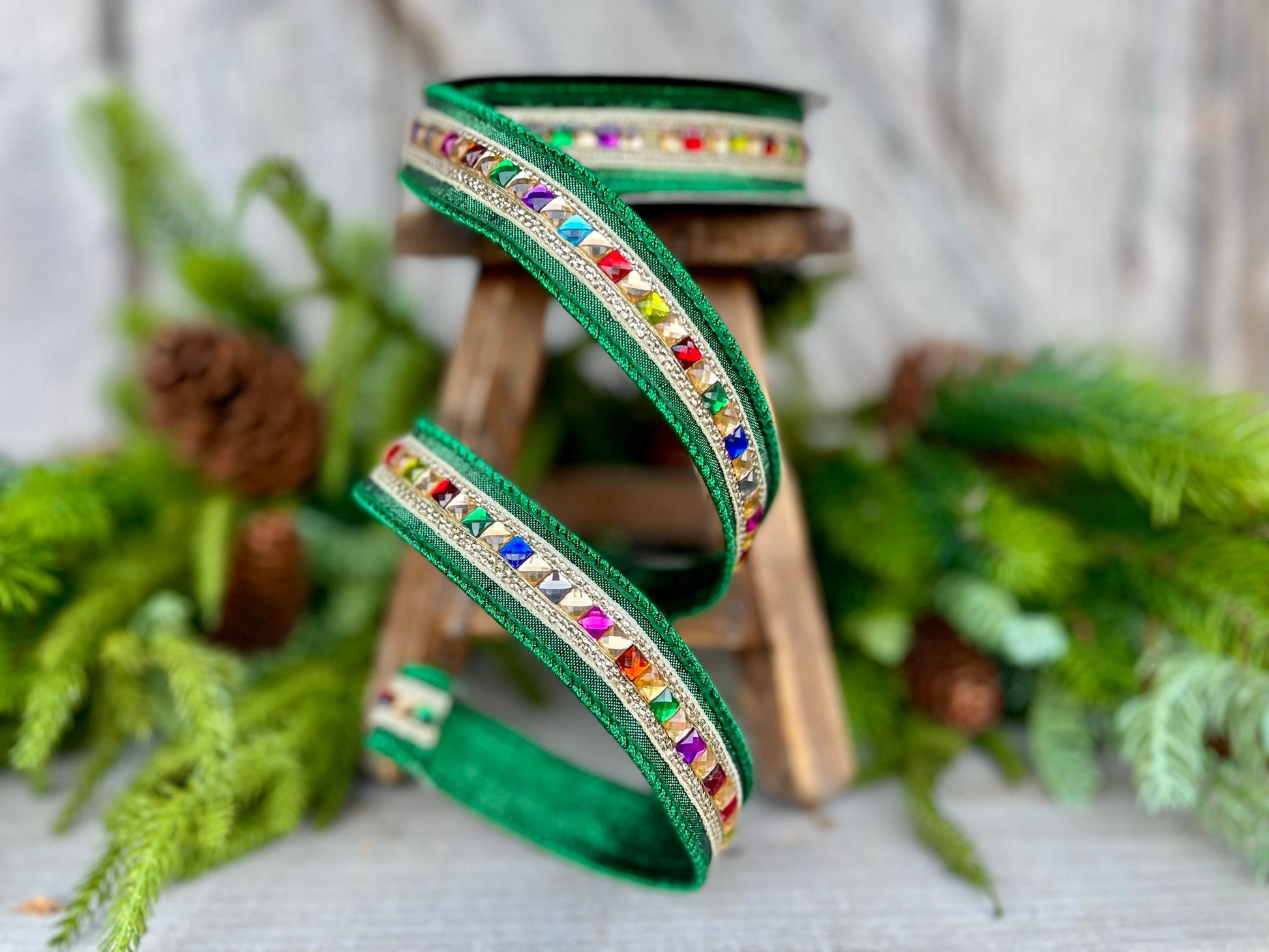 1" Emerald Green KALEIDOSCOPE Ribbon, Farrisilk Ribbon