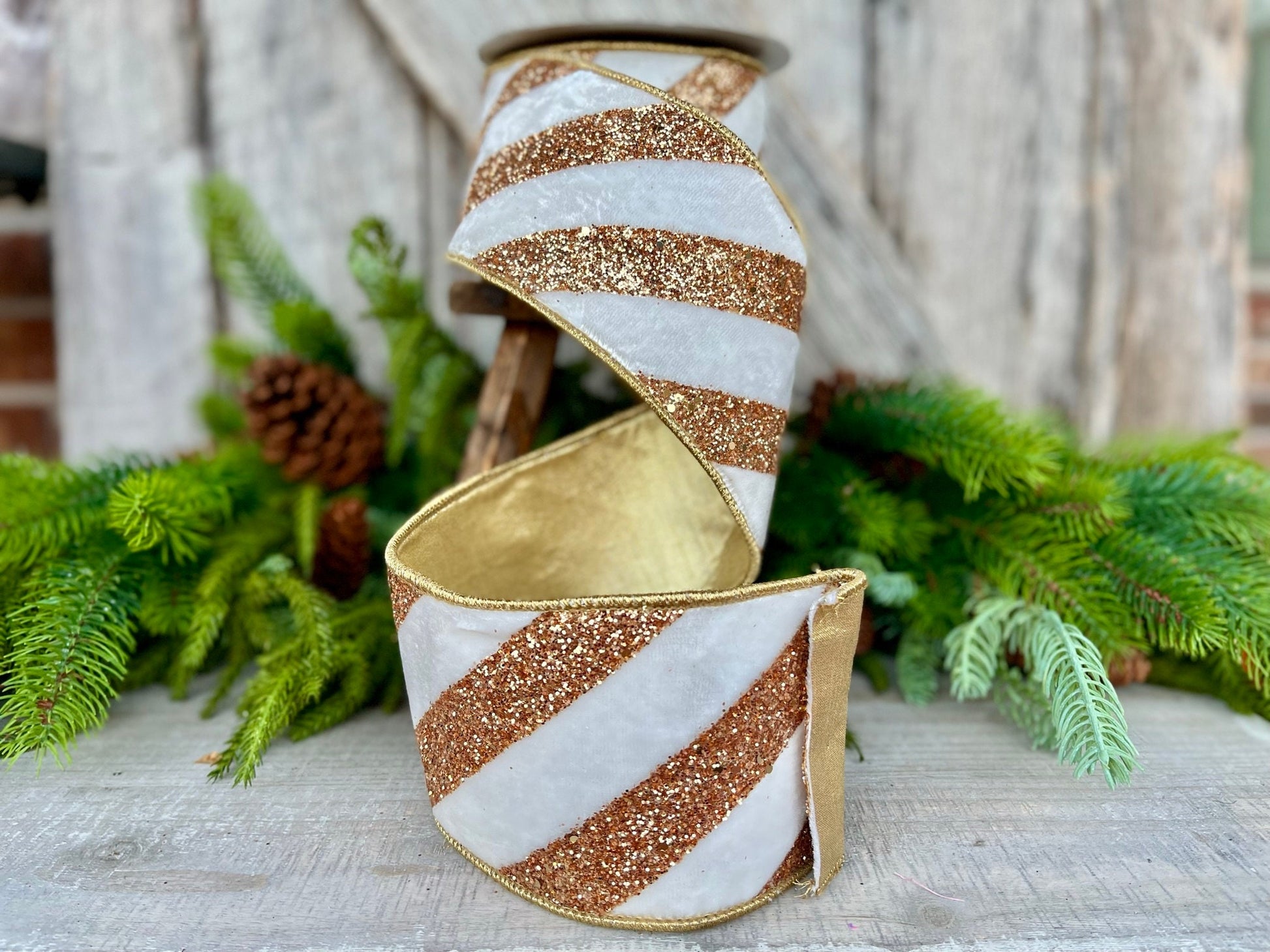 4" Ivory and Gold Glitter Diagonal Stripe, Christmas Tree Ribbon