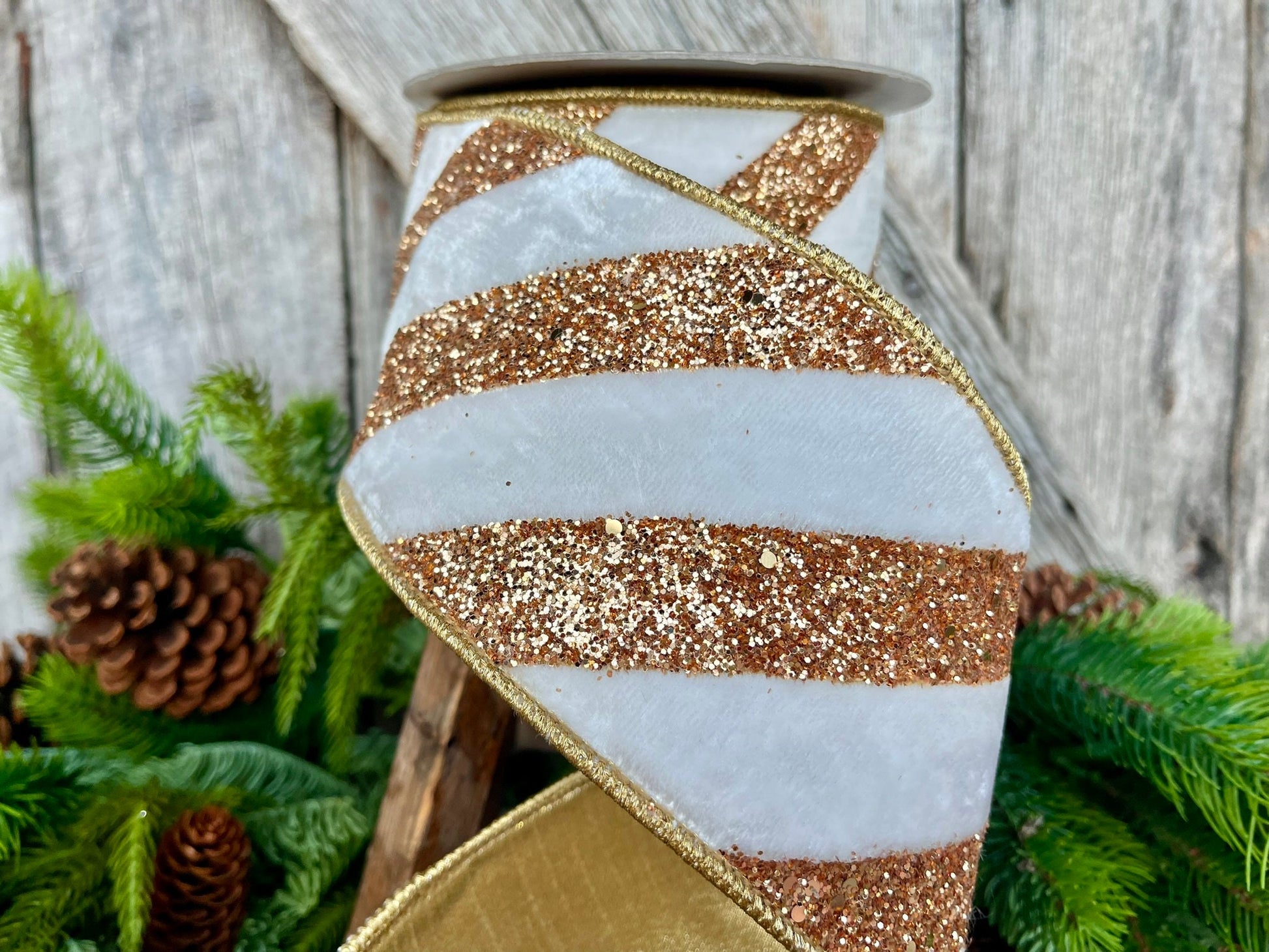 4" Ivory and Gold Glitter Diagonal Stripe, Christmas Tree Ribbon, White Velvet Ribbon