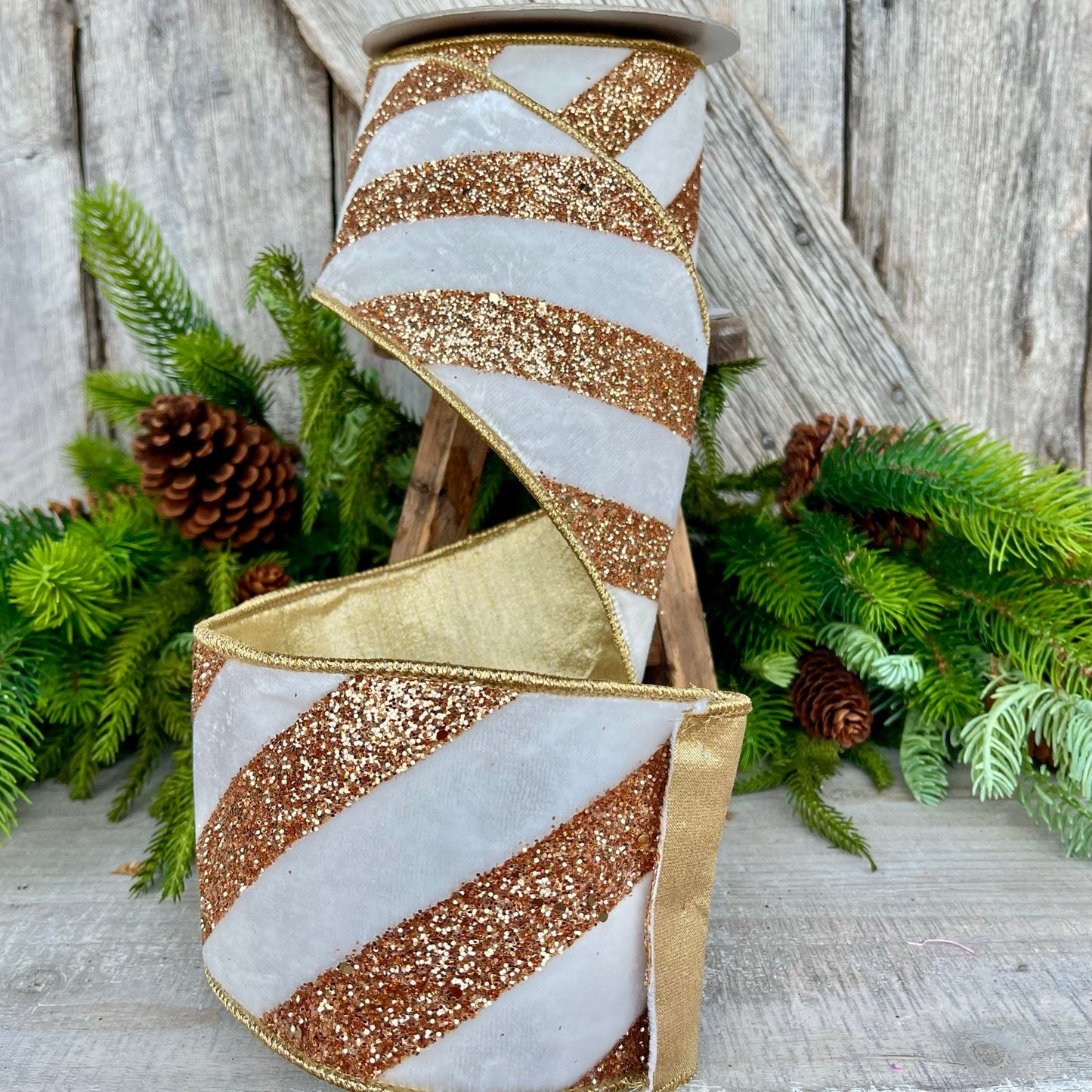 4" Ivory and Gold Glitter Diagonal Stripe, Christmas Tree Ribbon