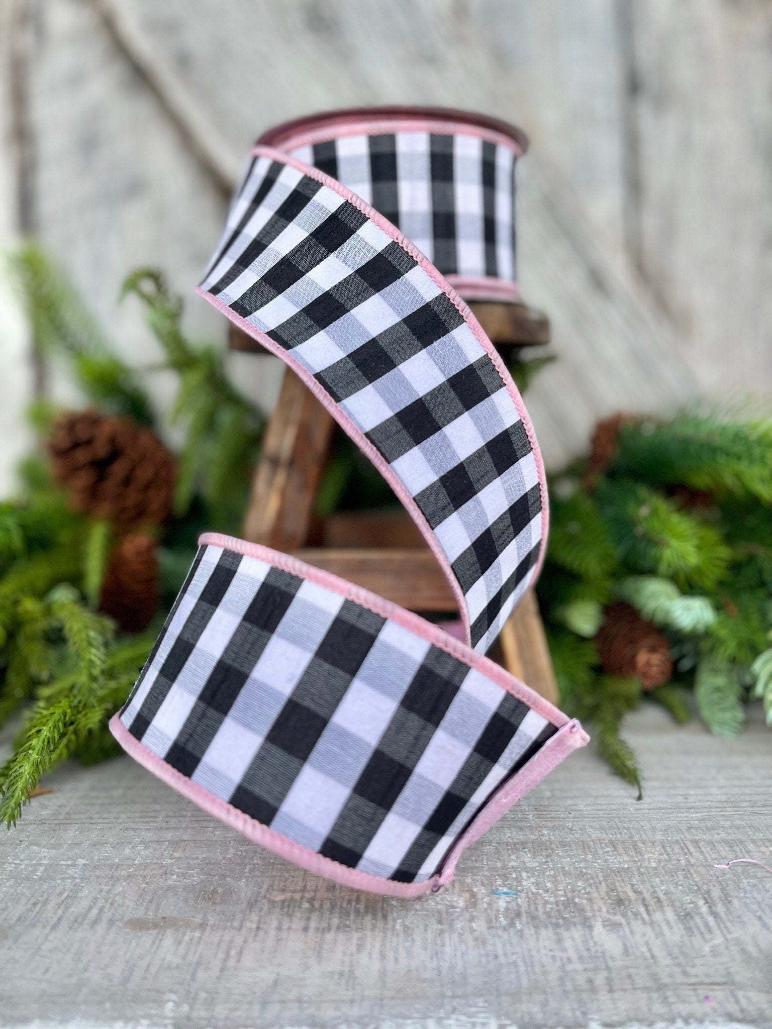 2.5" Light Pink Black and White Check Ribbon, Farrisilk Ribbon