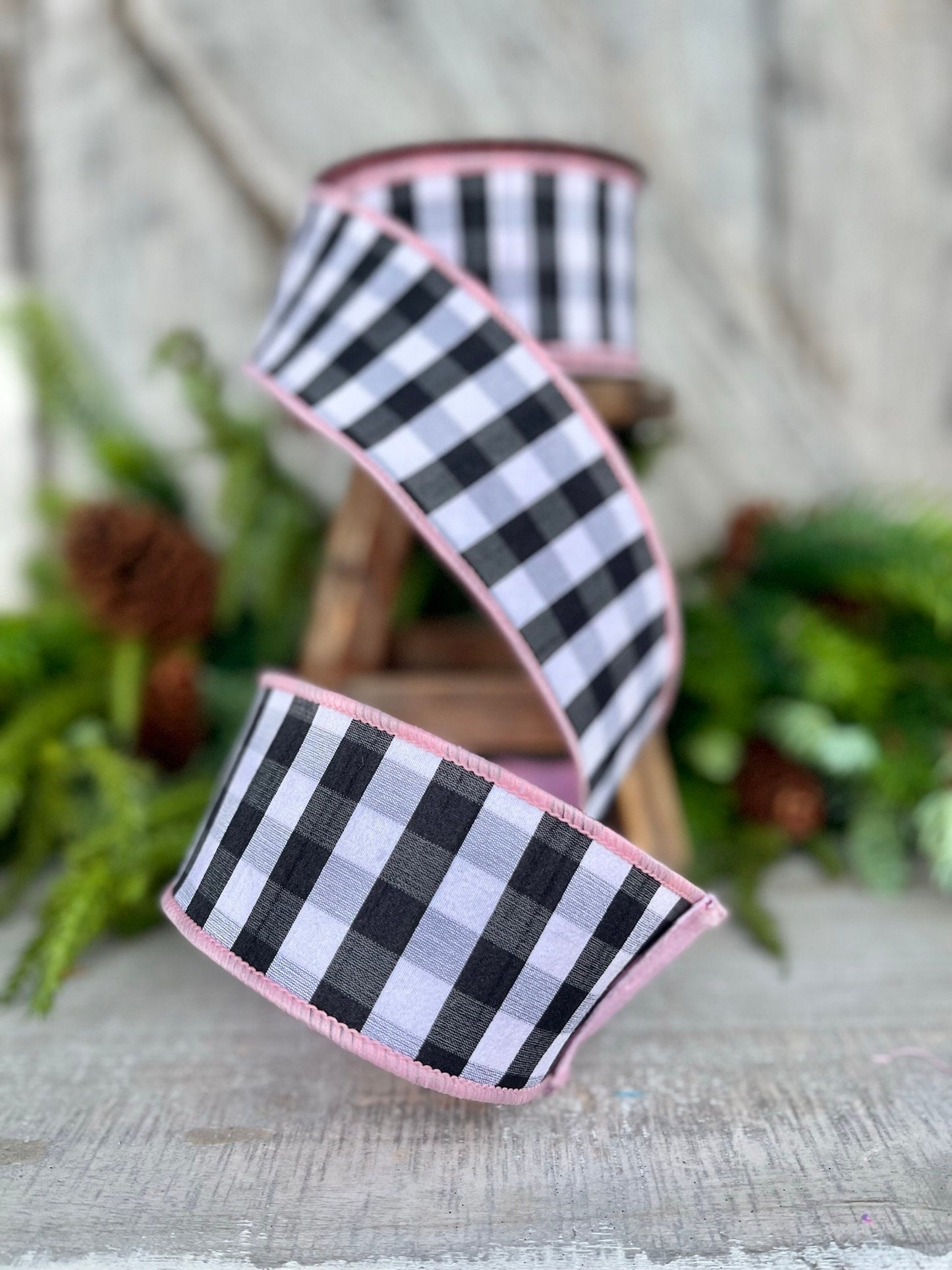 2.5" Light Pink Black and White Check Ribbon, Farrisilk Ribbon