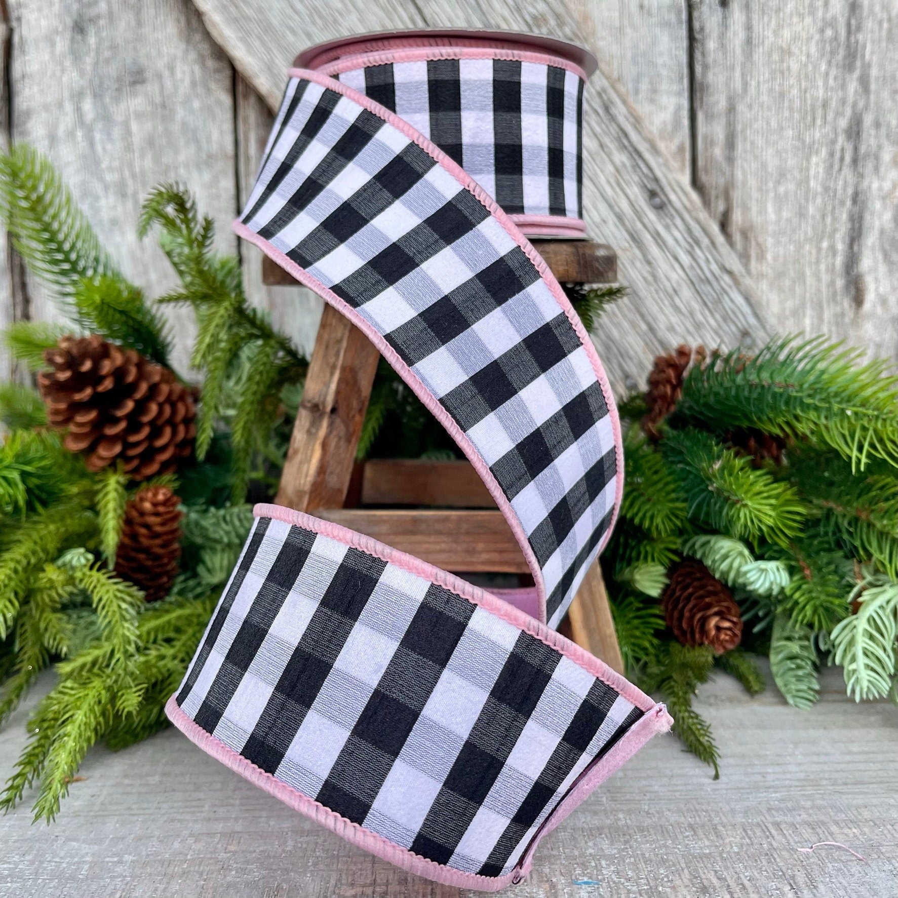 2.5" Light Pink Black and White Check Ribbon, Farrisilk Ribbon