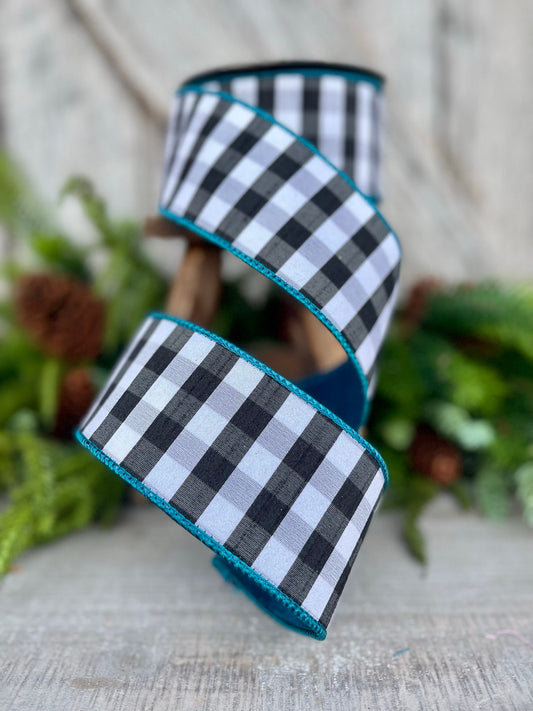 2.5" Turquoise Black and White Check Ribbon, Farrisilk Ribbon, WIred Ribbon