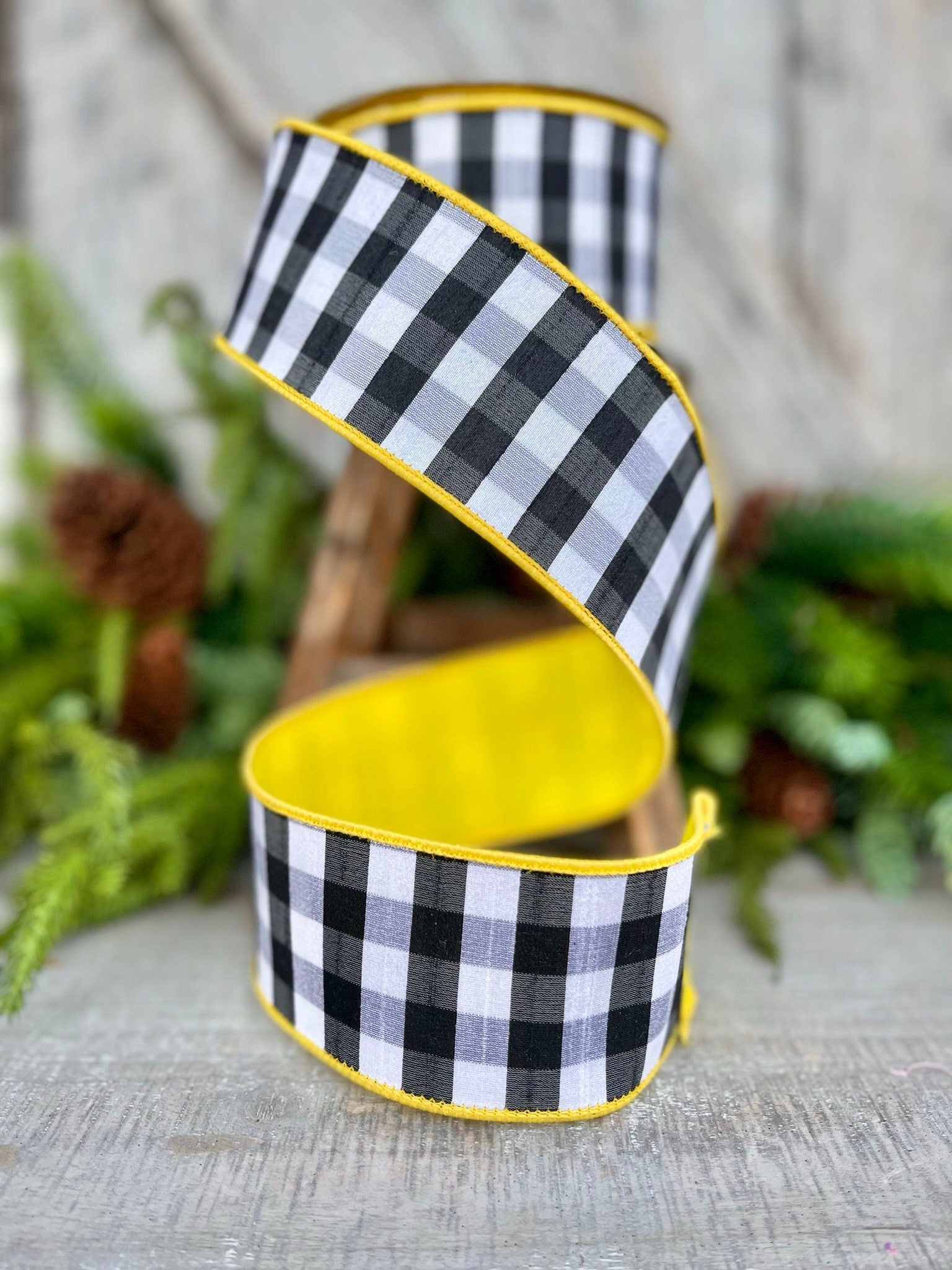 2.5" Yellow Black and White Check Ribbon, Farrisilk Ribbon