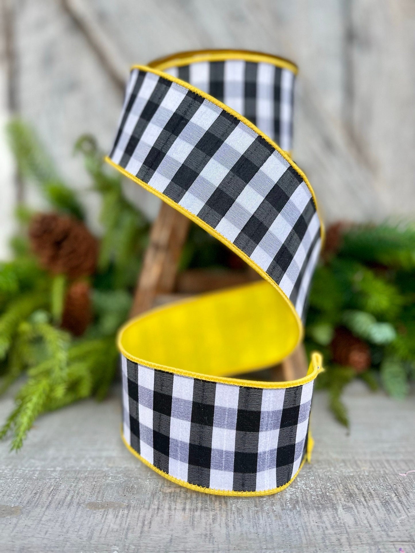 2.5" Yellow Black and White Check Ribbon, Farrisilk Ribbon