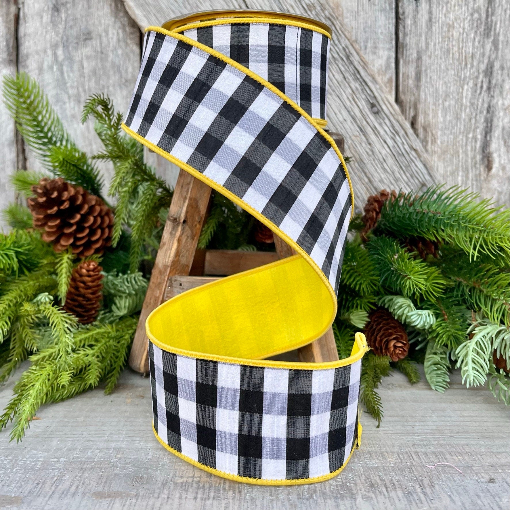 2.5" Yellow Black and White Check Ribbon, Farrisilk Ribbon, WIred Ribbon