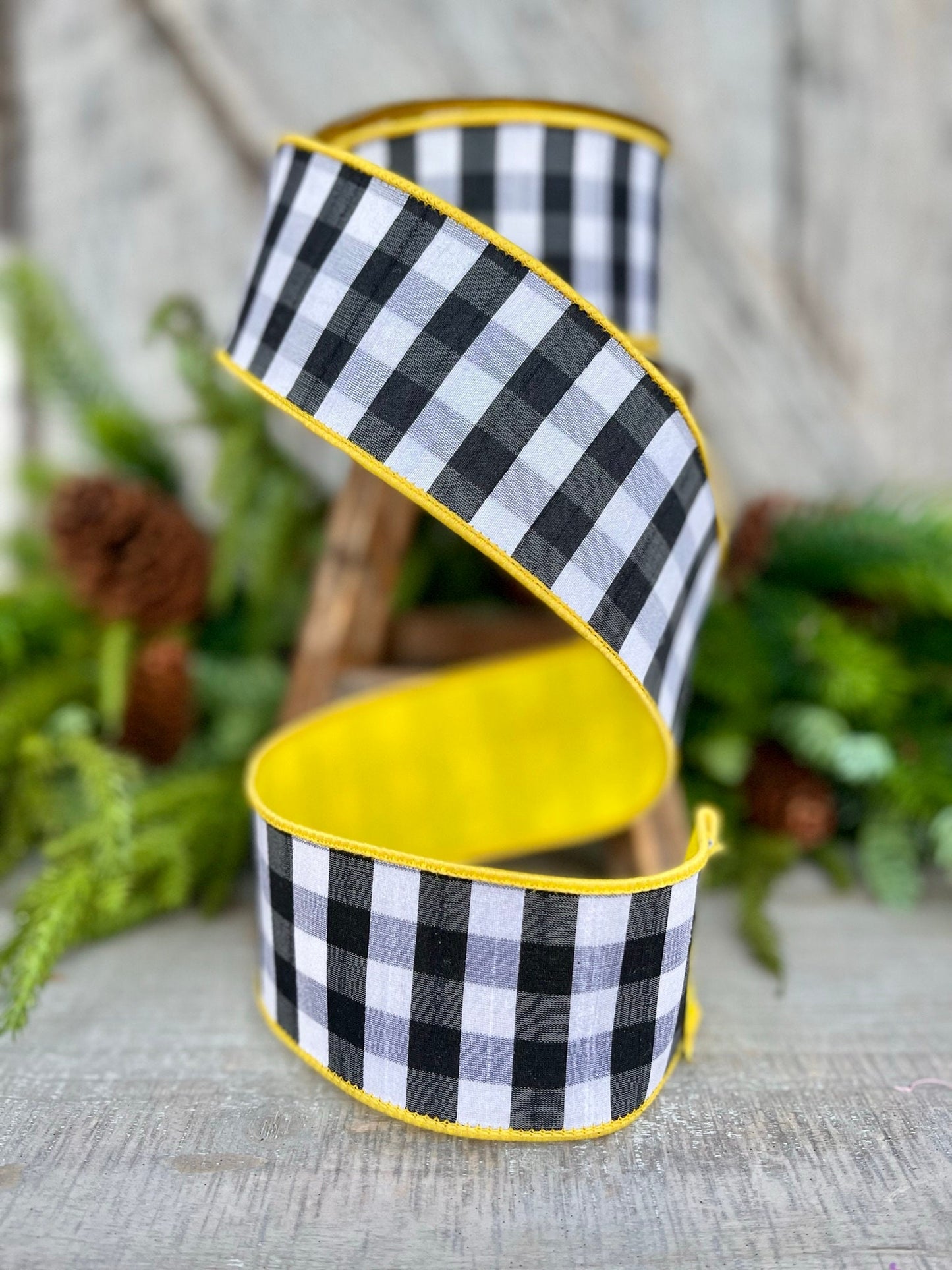 2.5" Yellow Black and White Check Ribbon, Farrisilk Ribbon