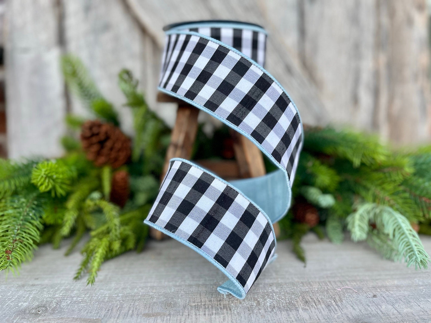 2.5" LIght Blue and Black and White Check Ribbon, Farrisilk Ribbon