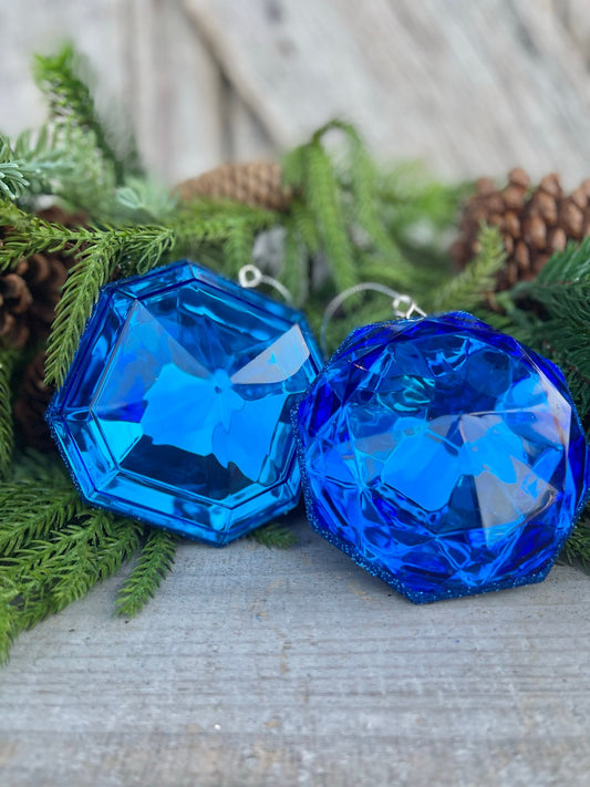 Set of 2 5" Blue Saphire Jewel Ornament, Jewel Oramnet