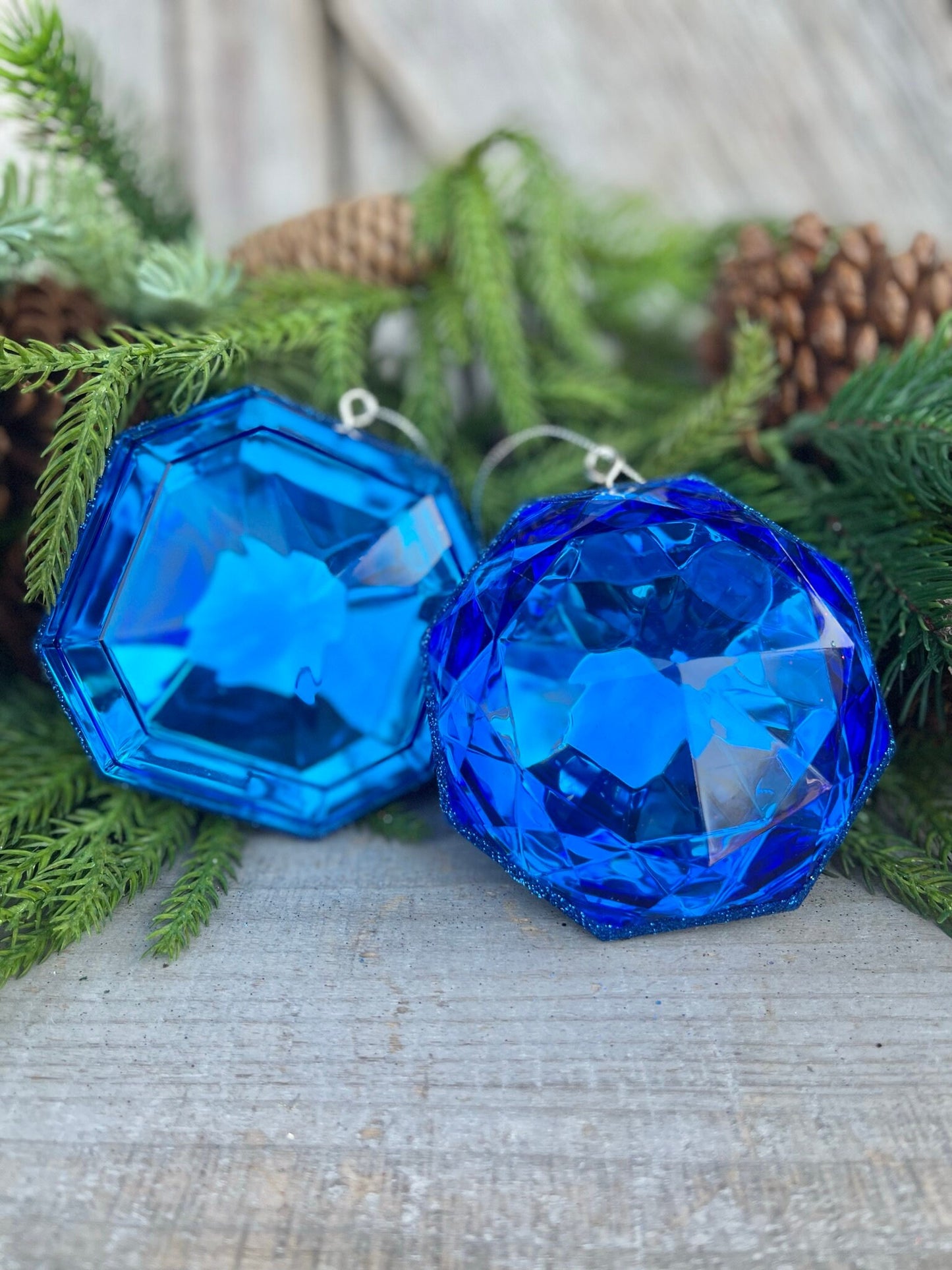 Set of 2 5" Blue Saphire Jewel Ornament, Jewel Oramnet