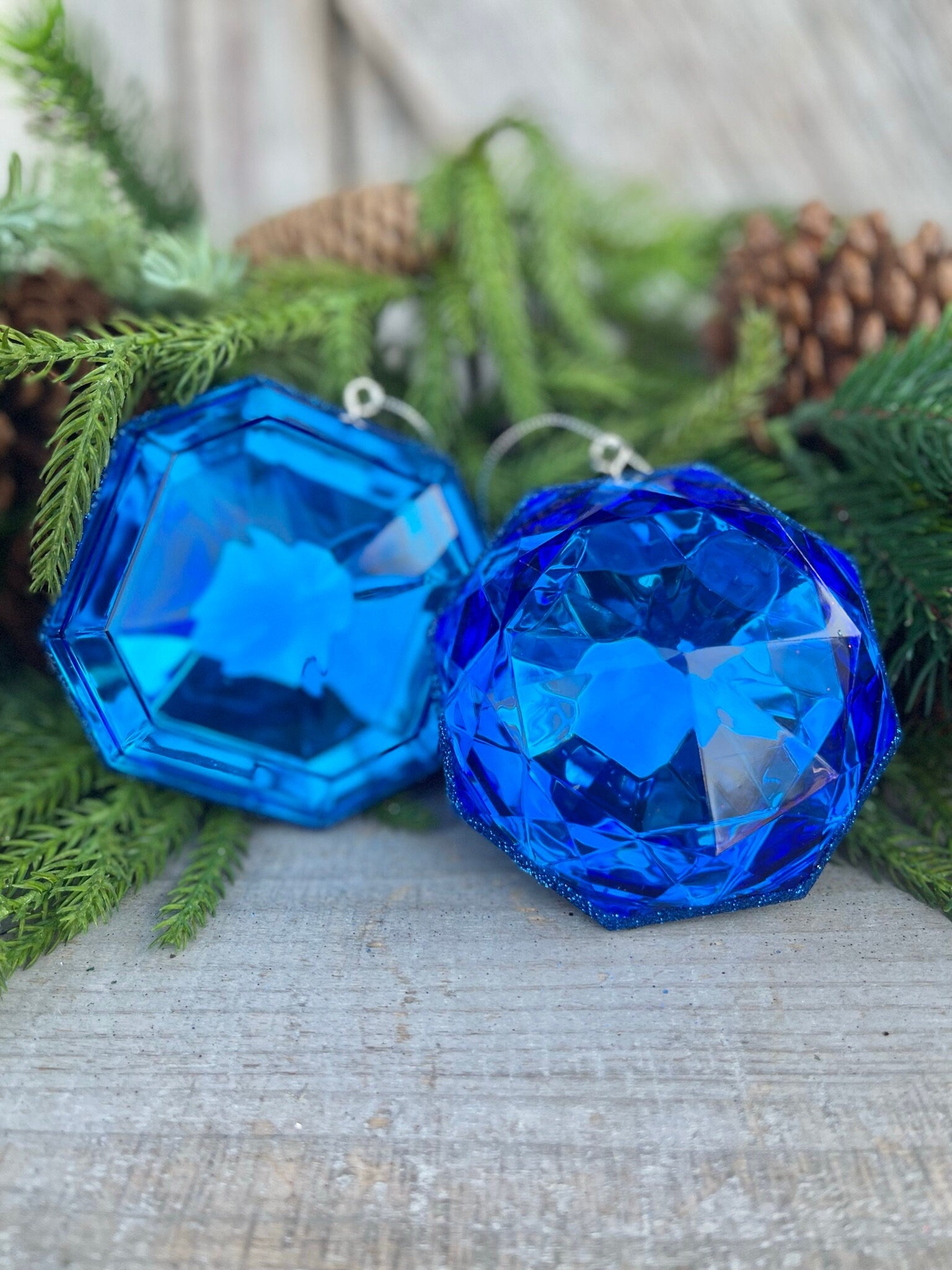 Set of 2 5" Blue Saphire Jewel Ornament, Jewel Oramnet