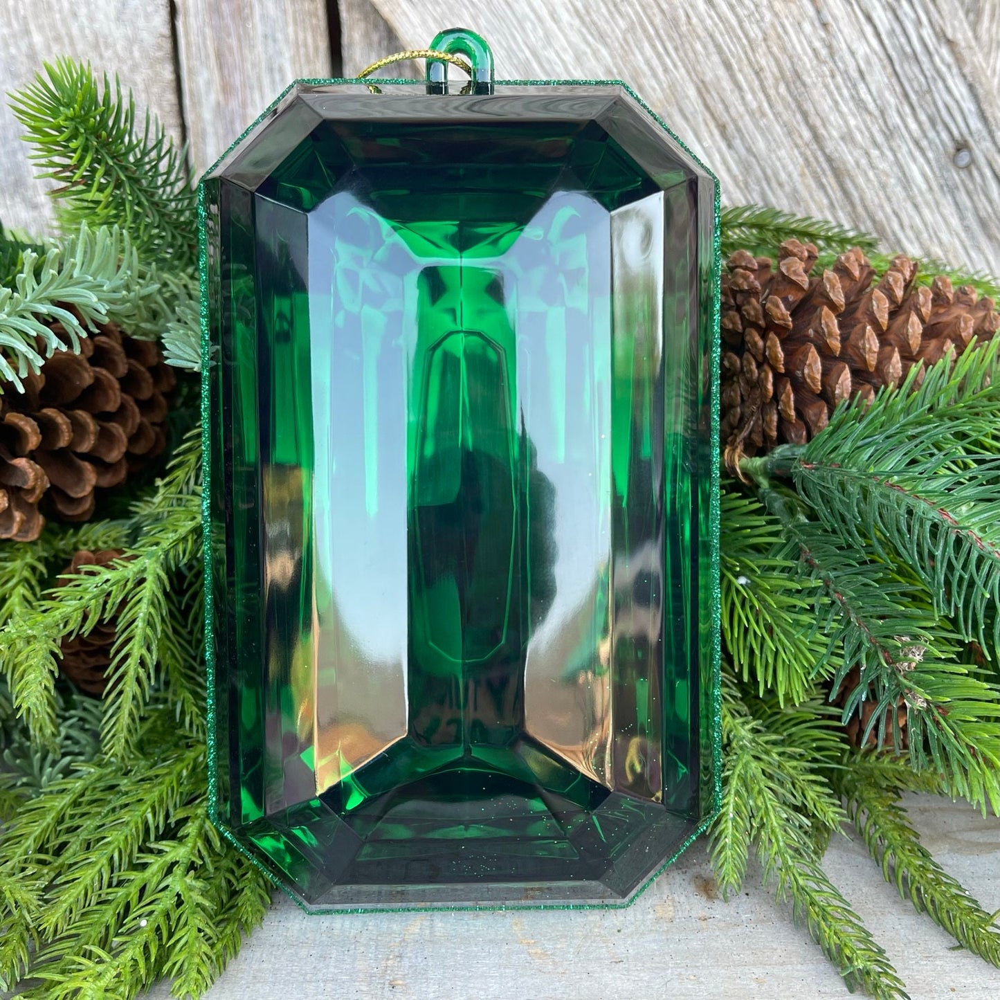 8" Emerald Green Rectangle Jewel, Christmas Jewel Ornament, Green Gem Ornament