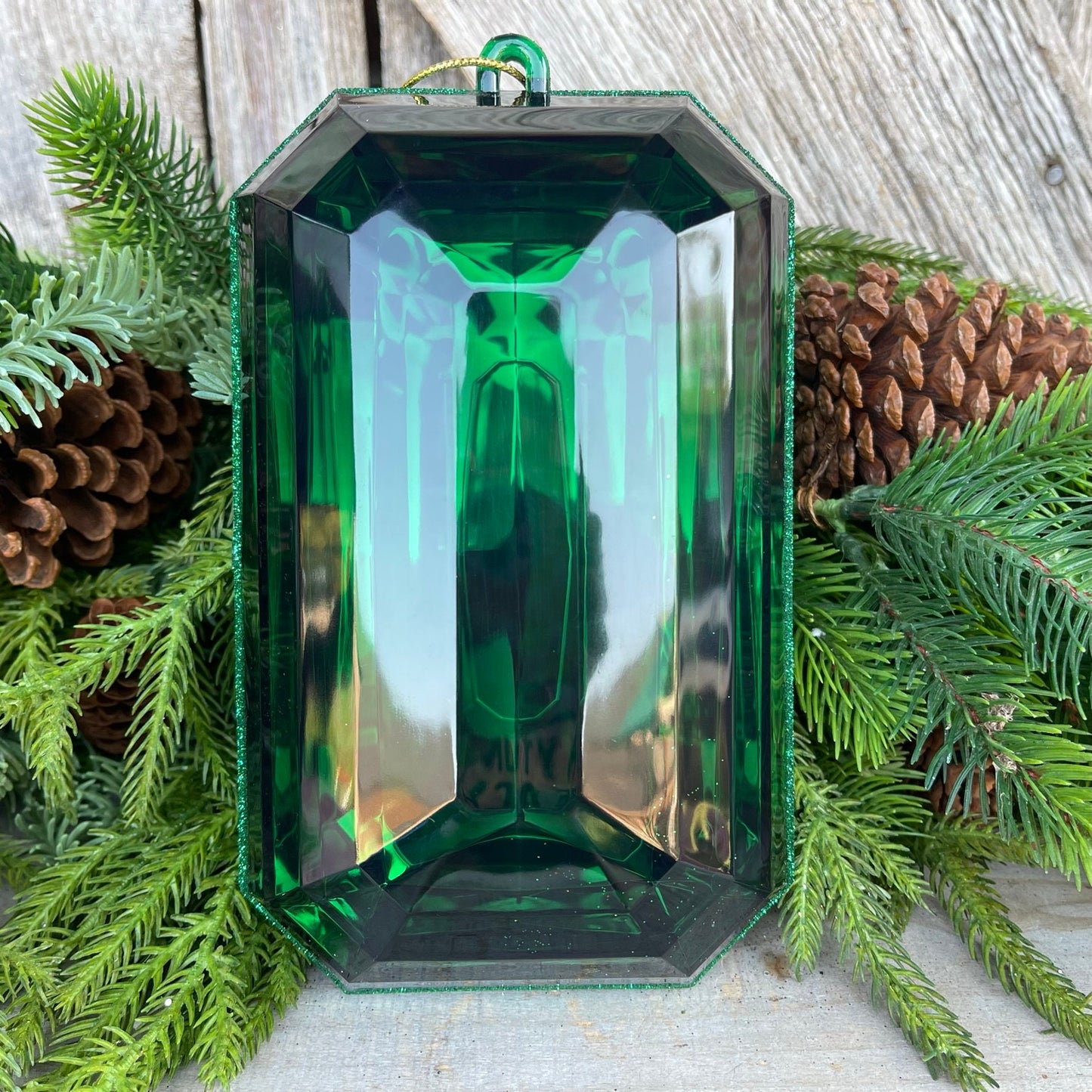 8" Emerald Green Rectangle Jewel, Christmas Jewel Ornament, Green Gem Ornament