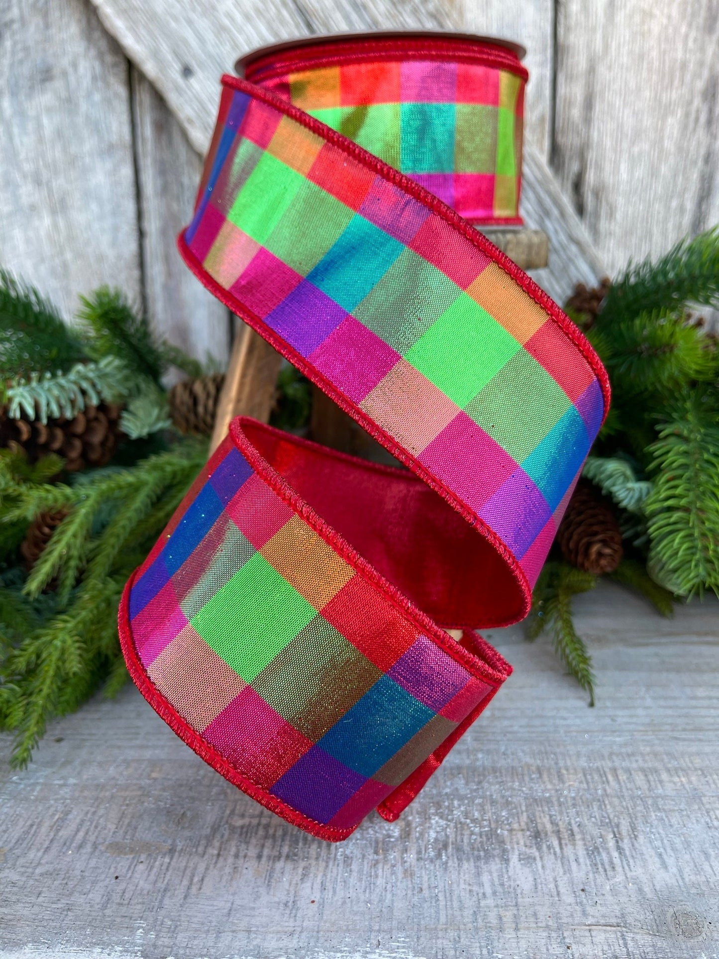 2.5" Color Checks Christmas RIbbon, Farrisilk Ribbon, Designer Ribbon