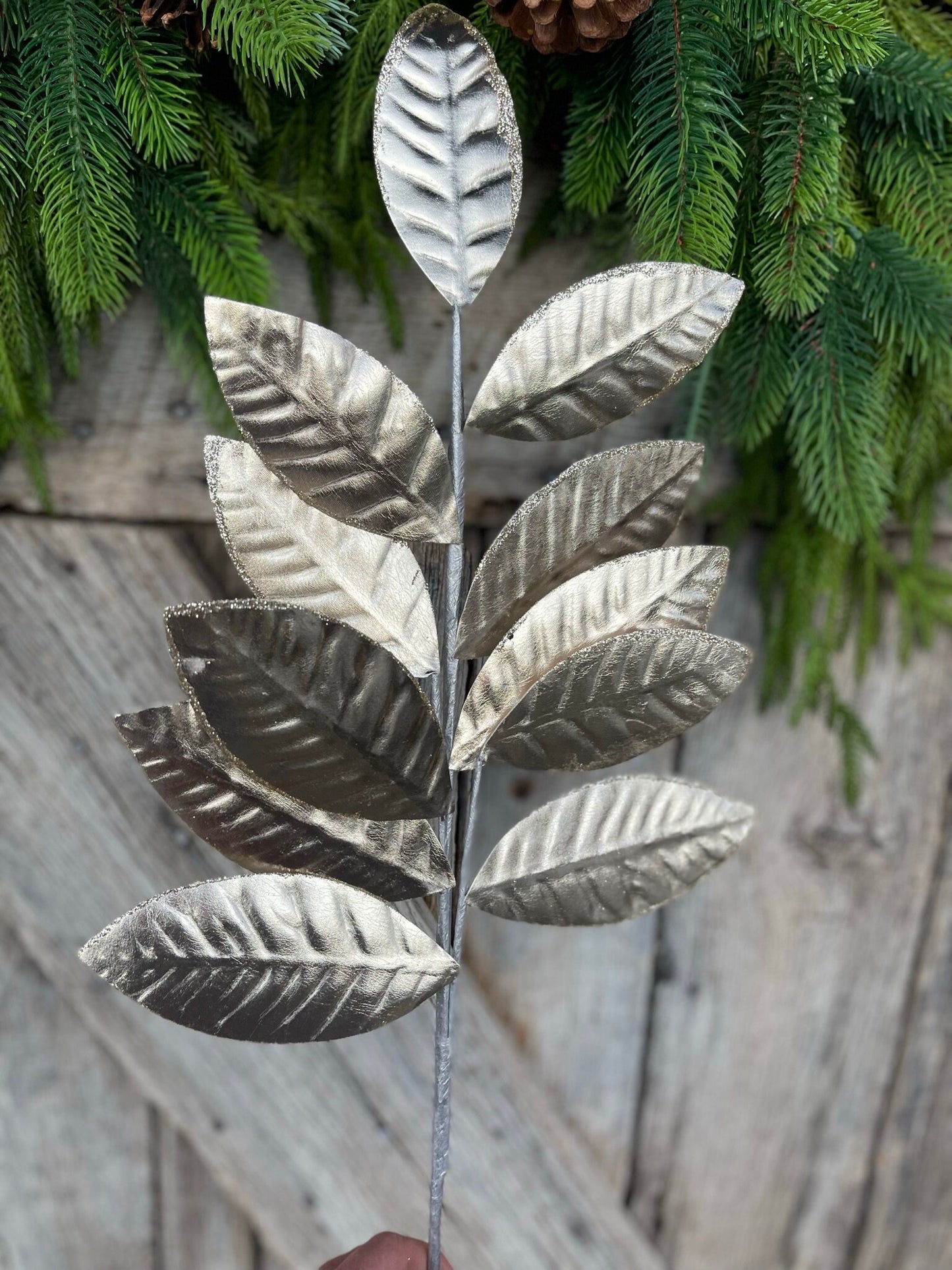 25" Champagne Metallic Leaf Spray, Christmas Leaves Spray, Christmas Floral Stem