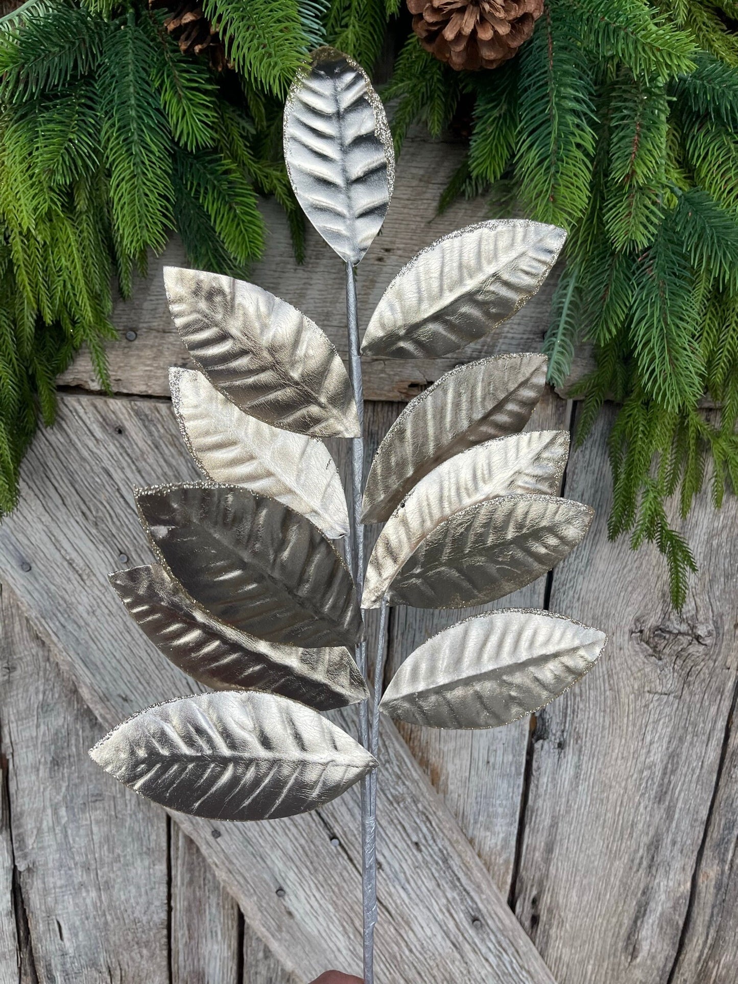 25" Champagne Metallic Leaf Spray, Christmas Leaves Spray, Christmas Floral Stem