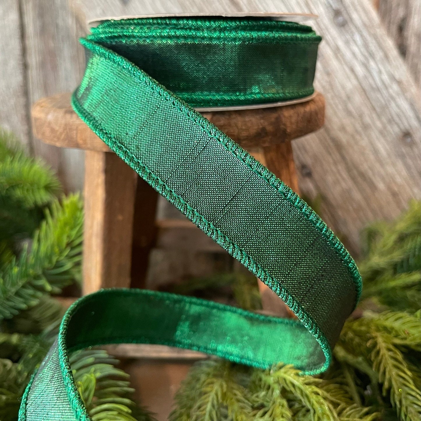 1" Emerald Green Luster Ribbon, Farrisilk, wired Ribbon