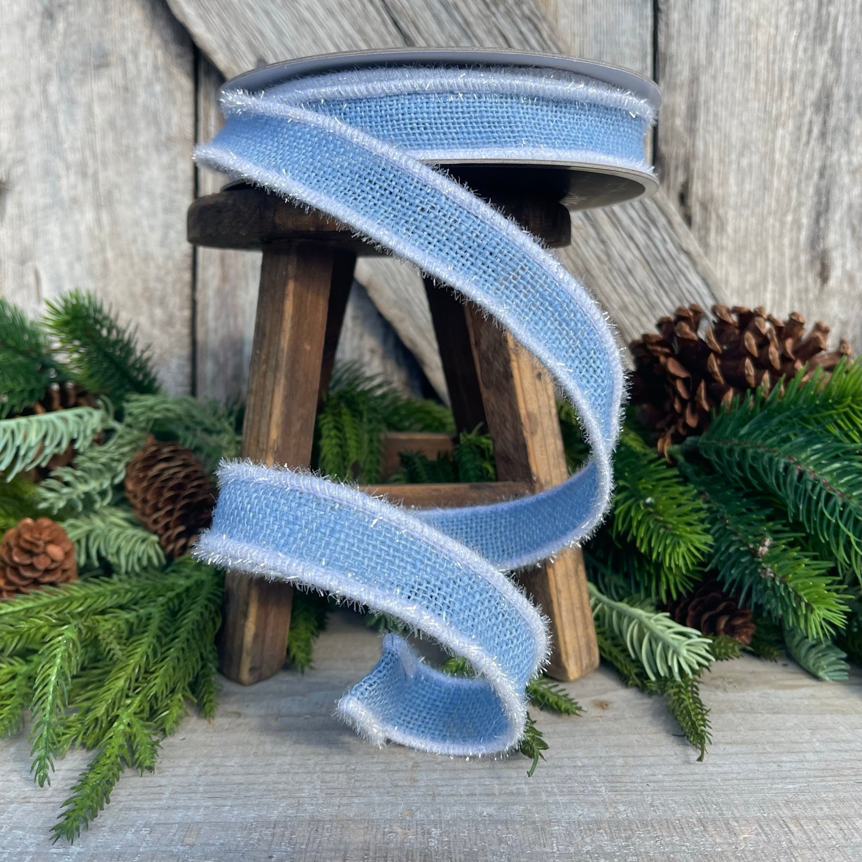 1" Blue Frosty Burlap, Farrisilk Ribbon, Christmas Ribbon